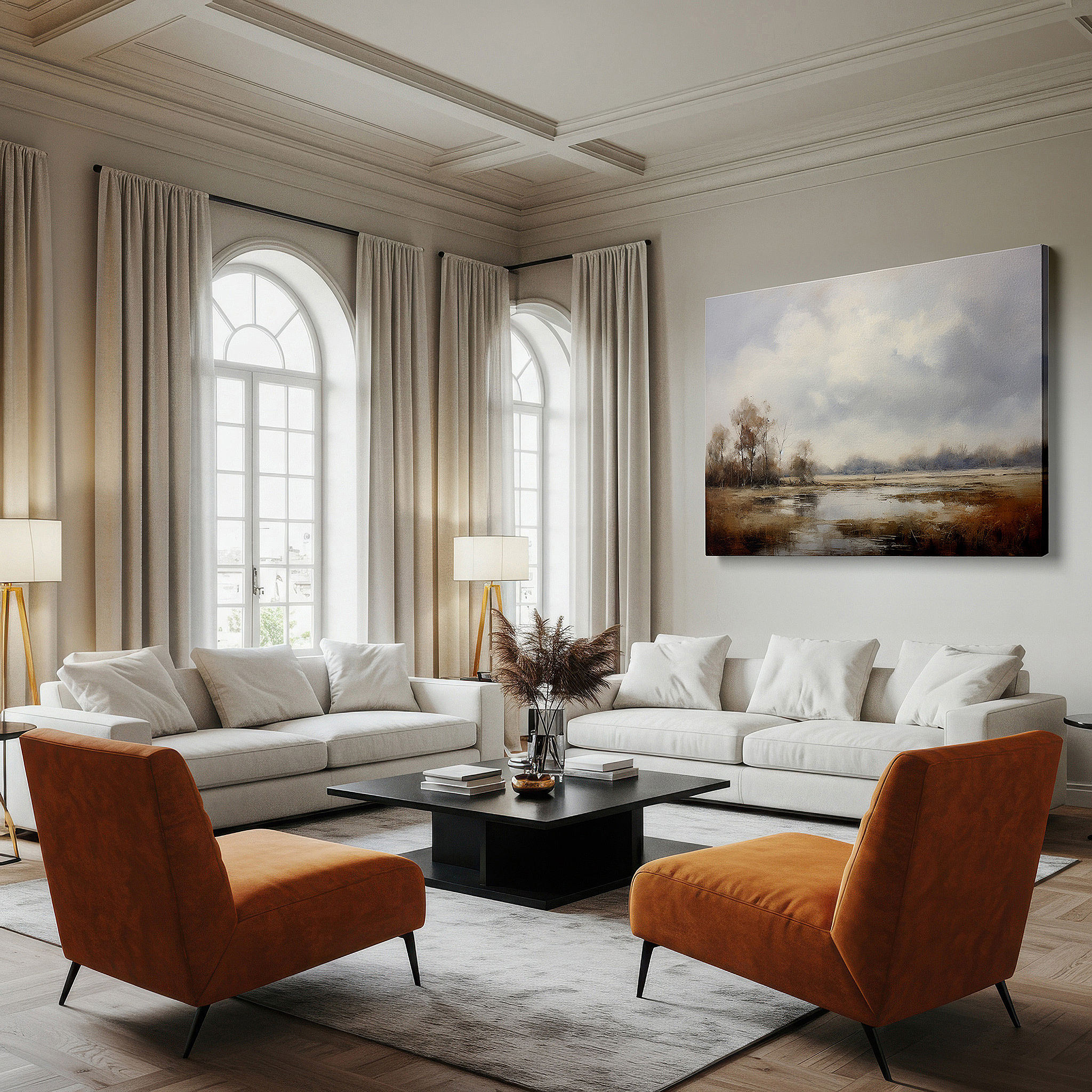 Featured in a dining room with dark wood furniture and candlelight — serene waterscape with gentle pastel skies large wall art, canvas wall art, wall decor for office, bedroom, and living room