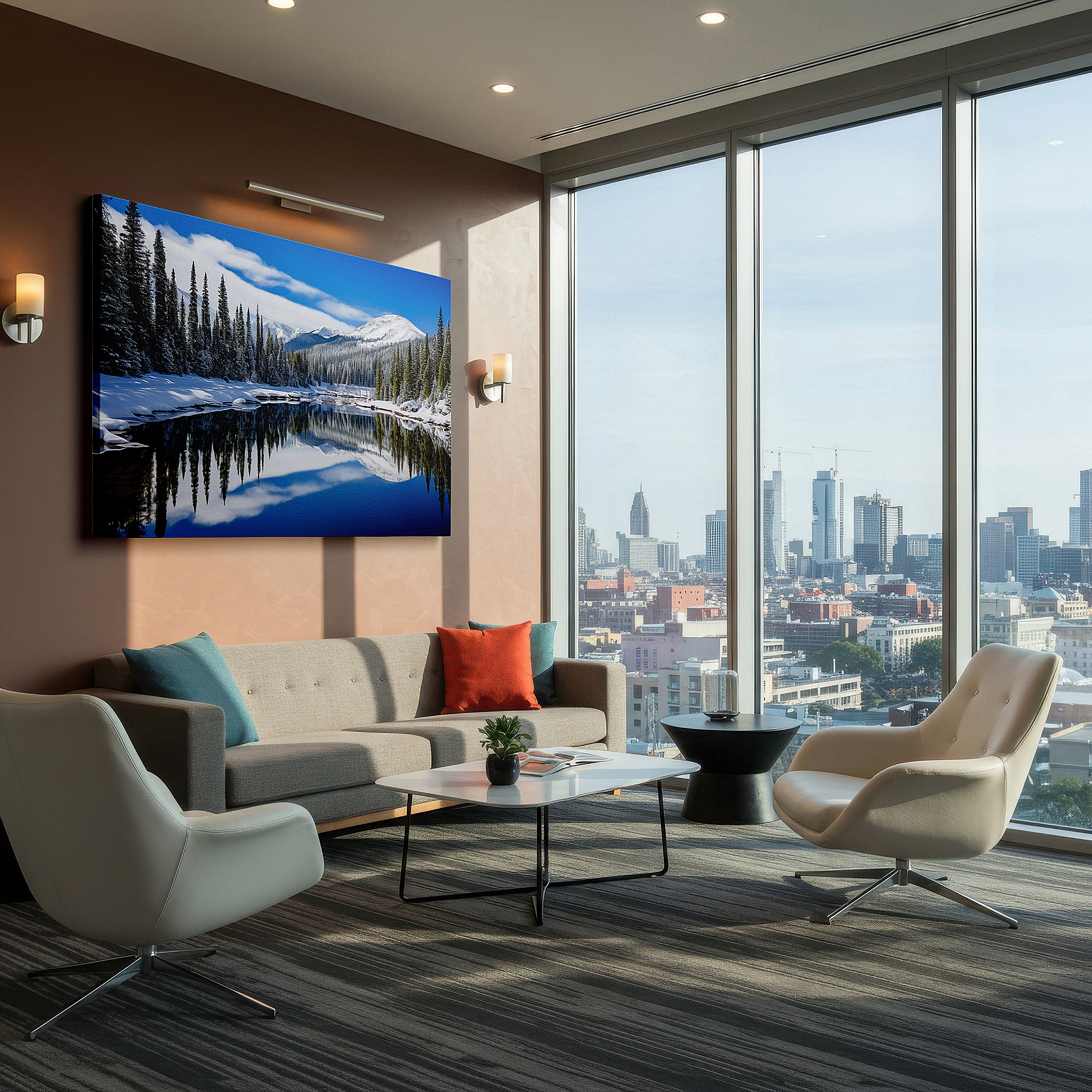 Featured in a dining room with dark wood furniture and candlelight — serene winter scene: snow-covered trees by a peaceful lake under a bright blue sky - large canvas wall art decor