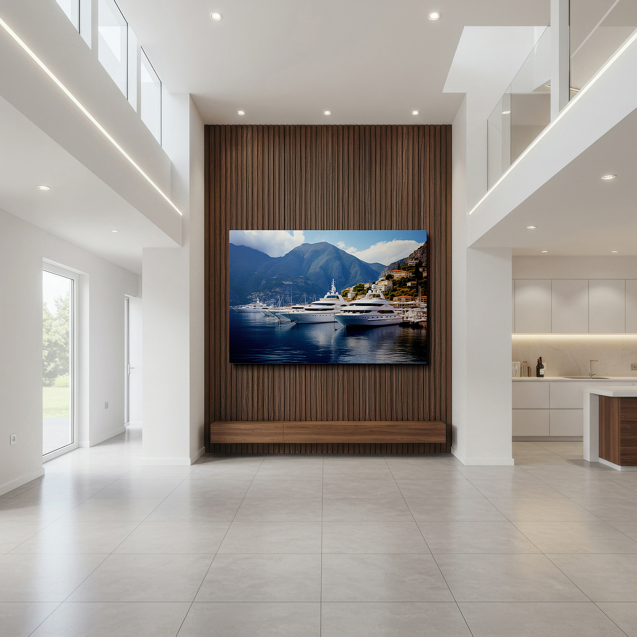 Featured in a dining room with dark wood furniture and candlelight — serene yacht harbor elegance with majestic mountains and tranquil blue skies - large canvas wall art for office decor