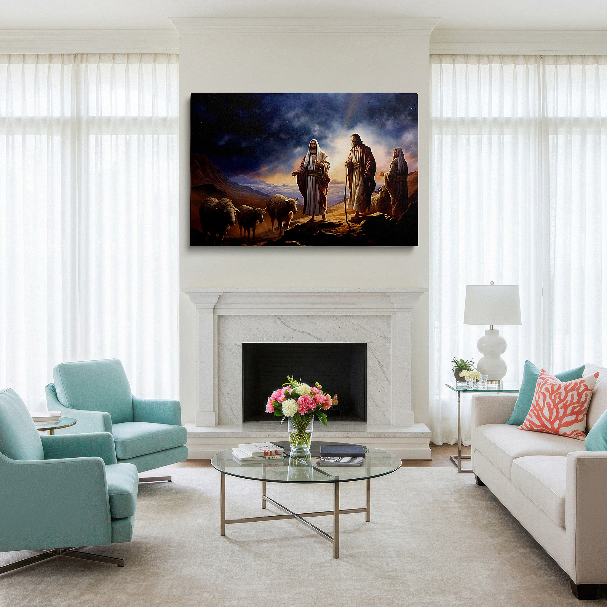 Featured in a dining room with dark wood furniture and candlelight — shepherd's guidance in a twilight valley wall art: serene landscape of companionship and wisdom - large canvas wall art for home and office decor