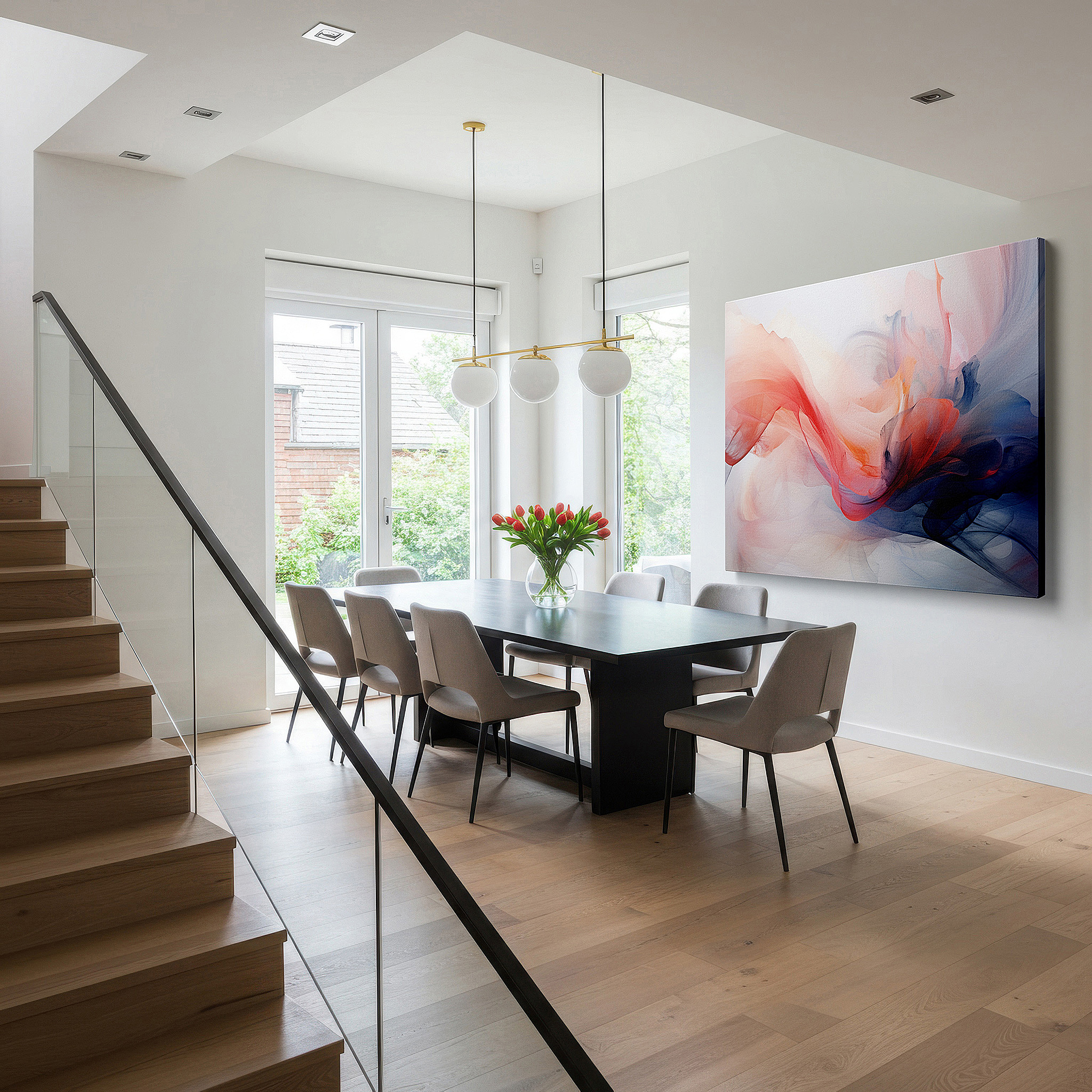Featured in a dining room with dark wood furniture and candlelight — soft-hued abstract harmony: large canvas wall art for office, bedroom, and living room decor