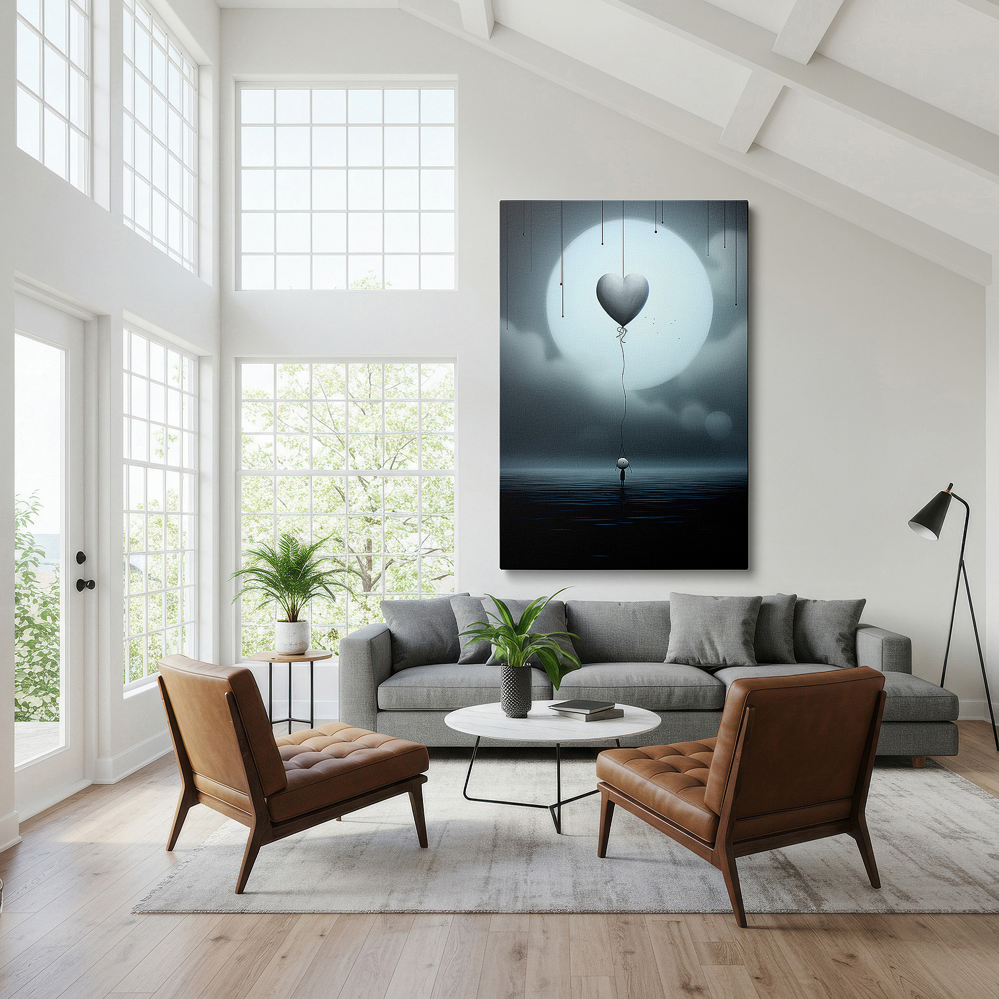 Featured in a dining room with dark wood furniture and candlelight — a solitary silhouette holding a heart-shaped balloon by the expansive moonlit ocean - large wall art, canvas wall art, wall decor for office