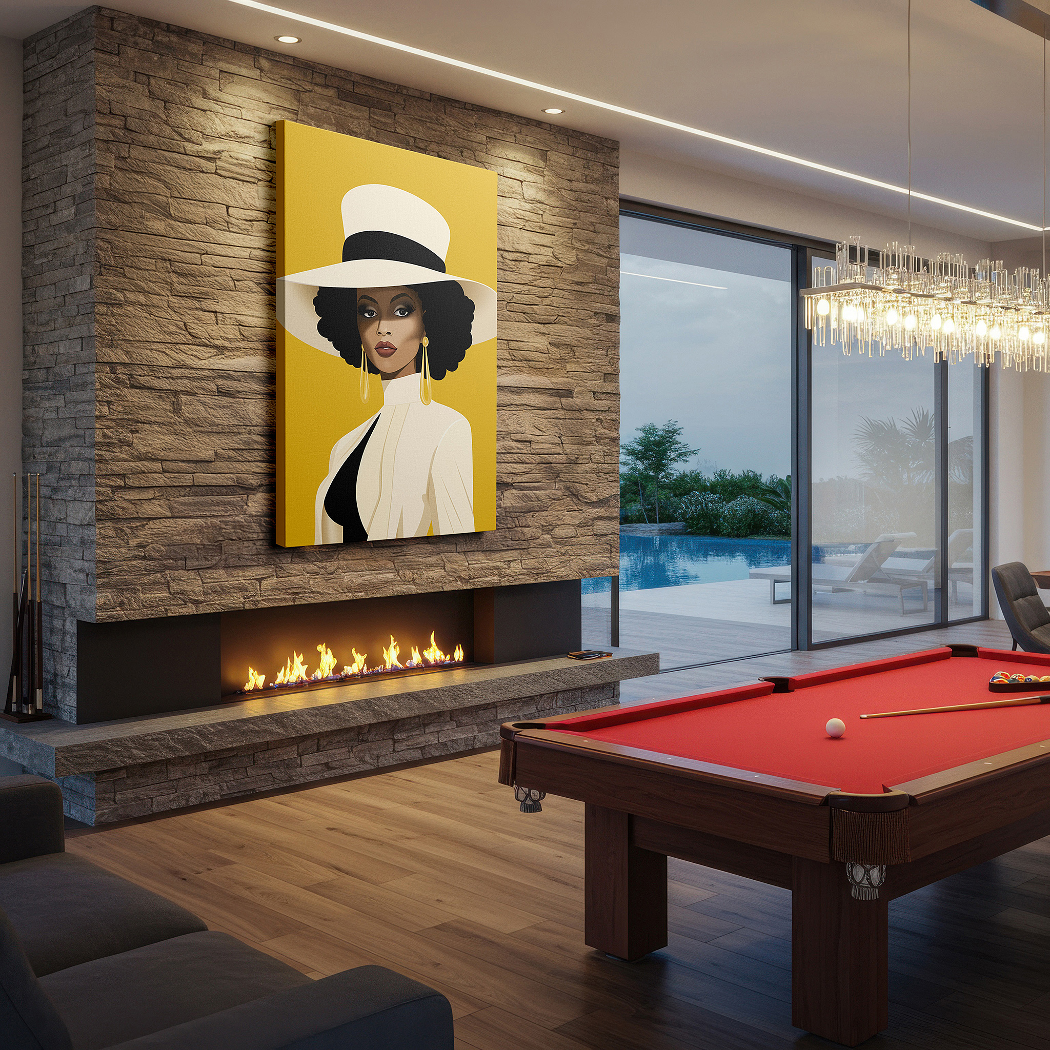 Featured in a dining room with dark wood furniture and candlelight — sophisticated portrait with modern elegance in a chic hat, set against a vibrant yellow background - large canvas wall art for office decor