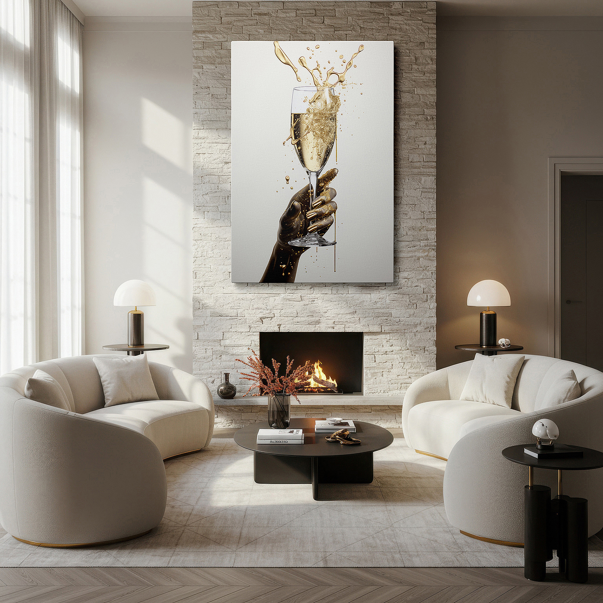 Featured in a dining room with dark wood furniture and candlelight — sophisticated wall art featuring a sculpted hand holding a champagne glass - large canvas art for home and office decor, ideal for living rooms and bedrooms