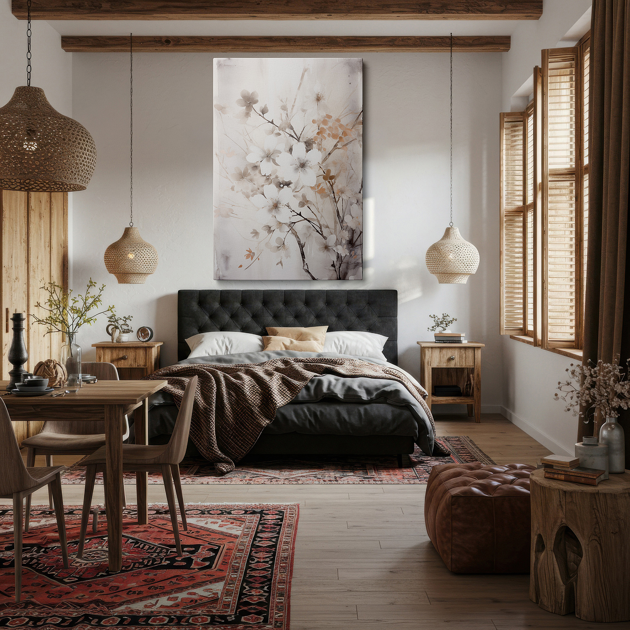 Featured in a dining room with dark wood furniture and candlelight — spring's gentle arrival: capturing nature's subtle beauty with pastel blossoms - large canvas wall art for office and bedroom decor