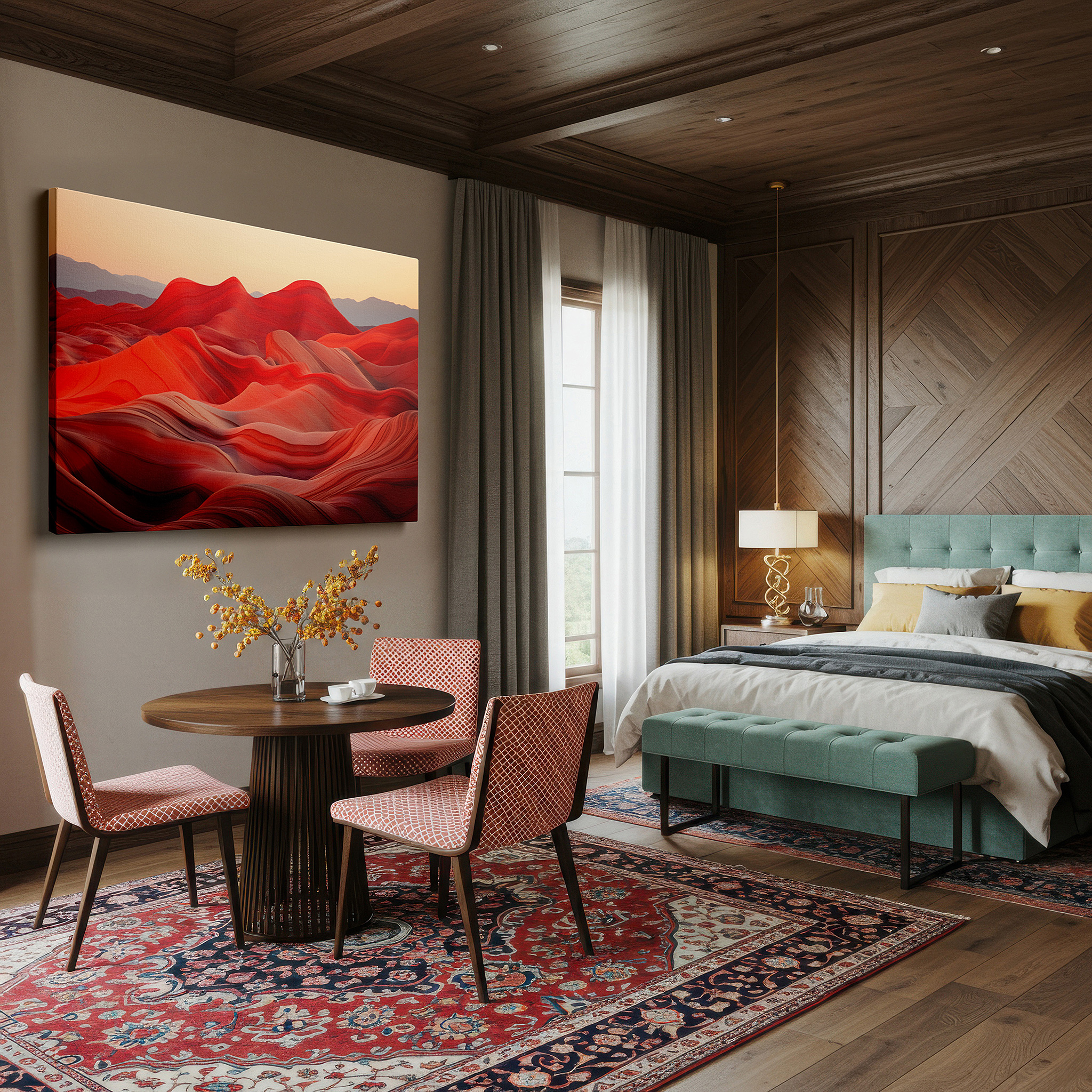 Featured in a dining room with dark wood furniture and candlelight — stunning red rock waves - a tribute to nature's artistic mastery large wall art, canvas wall art, wall decor, office wall art, bedroom wall art