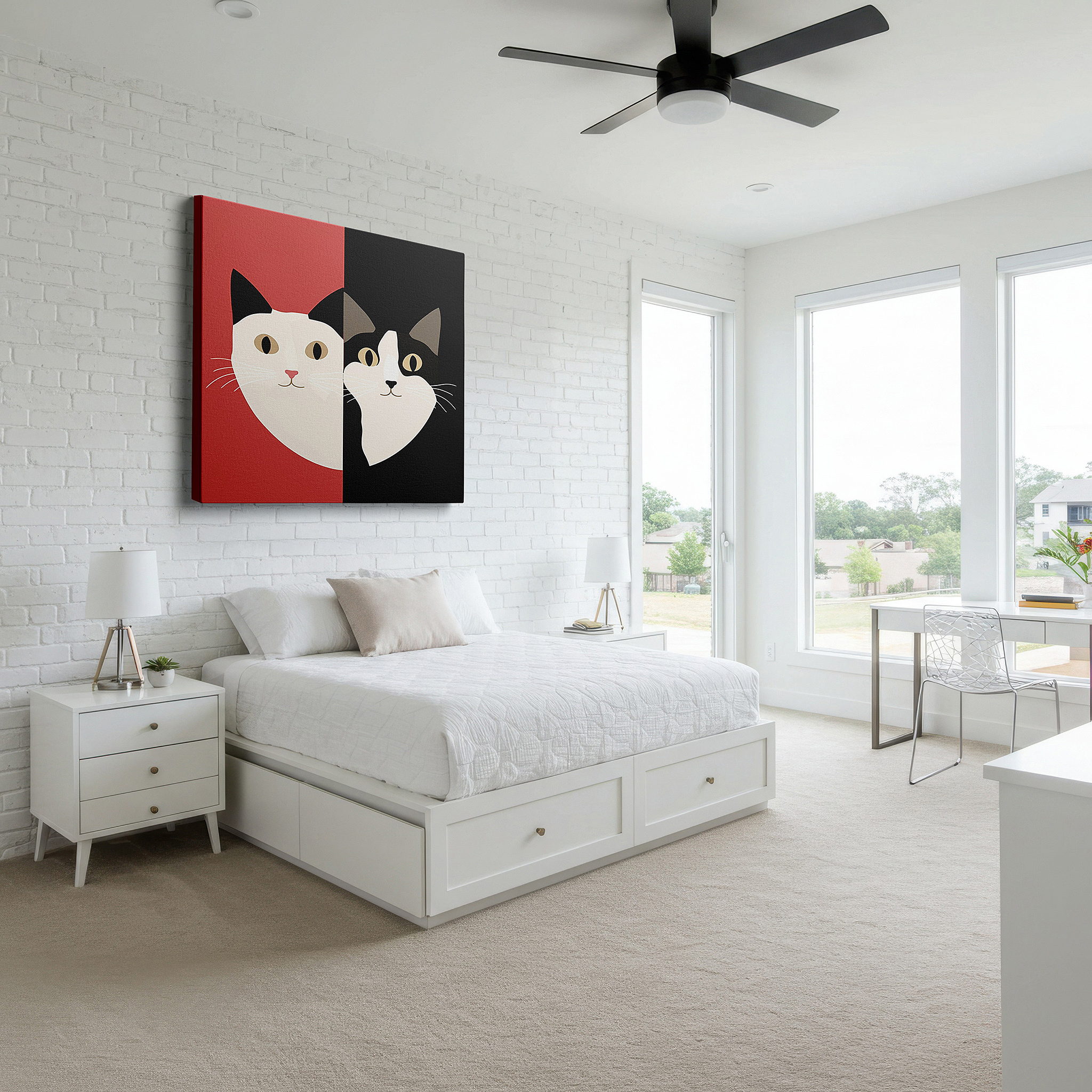 Featured in a dining room with dark wood furniture and candlelight — stylized cat faces in harmonious duality: vibrant and subdued tones, large wall art, canvas wall art, wall decor for office and bedroom