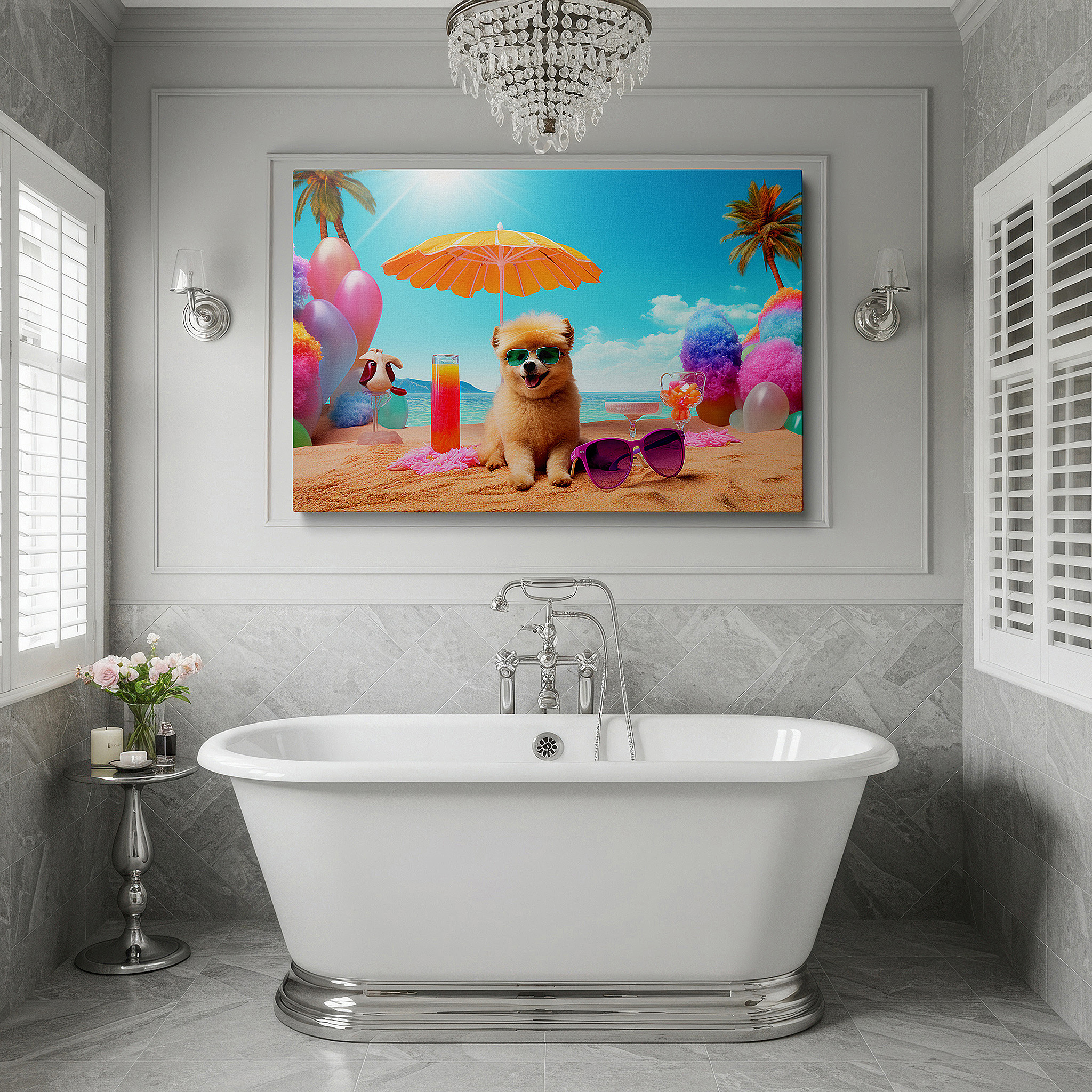 Featured in a dining room with dark wood furniture and candlelight — summer bliss: stylish pomeranian on a tropical beach - large canvas wall art for office and bedroom decor