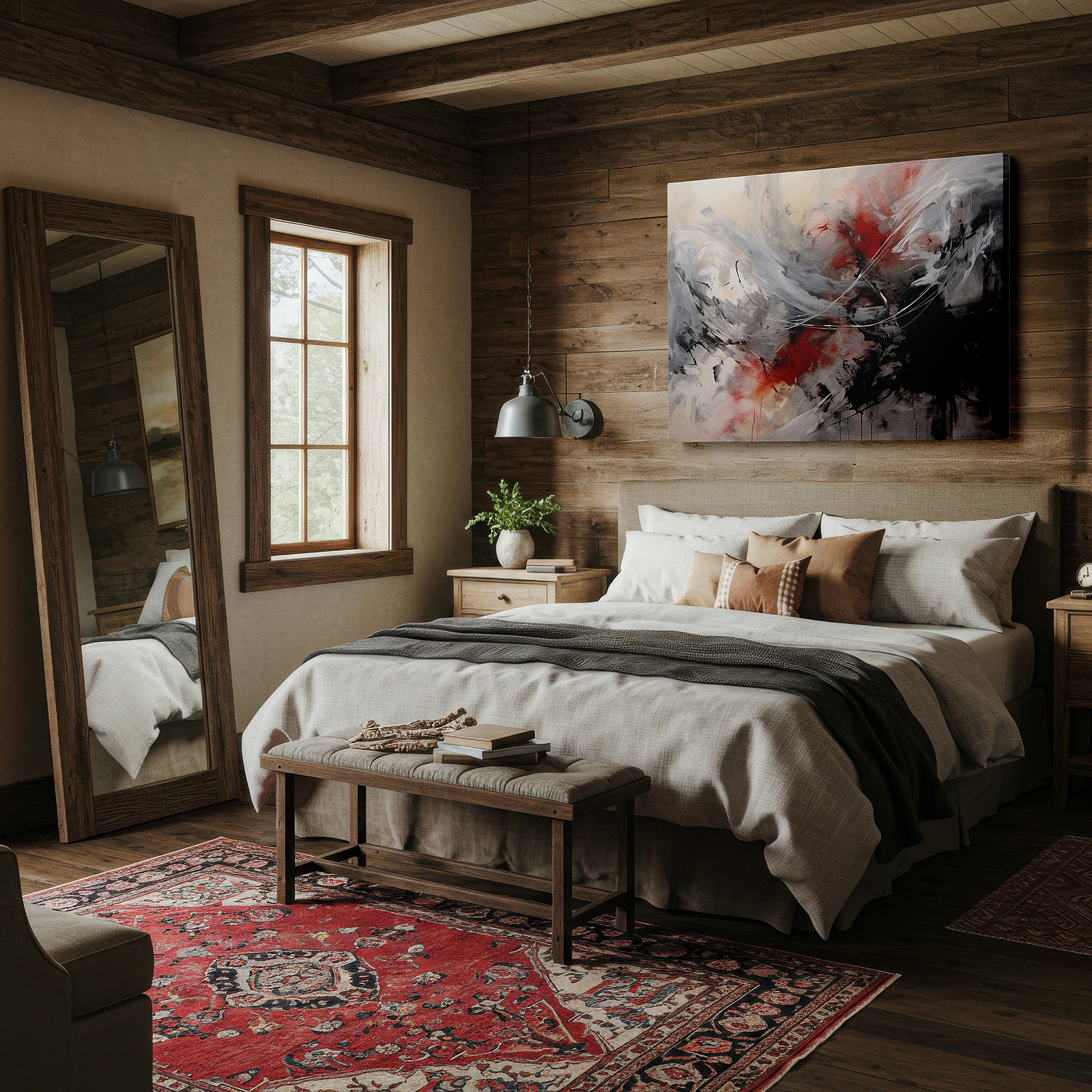 Featured in a dining room with dark wood furniture and candlelight — swirling chaos and passion: large wall art in reds, blacks, and whites for office, bedroom, and living room decor