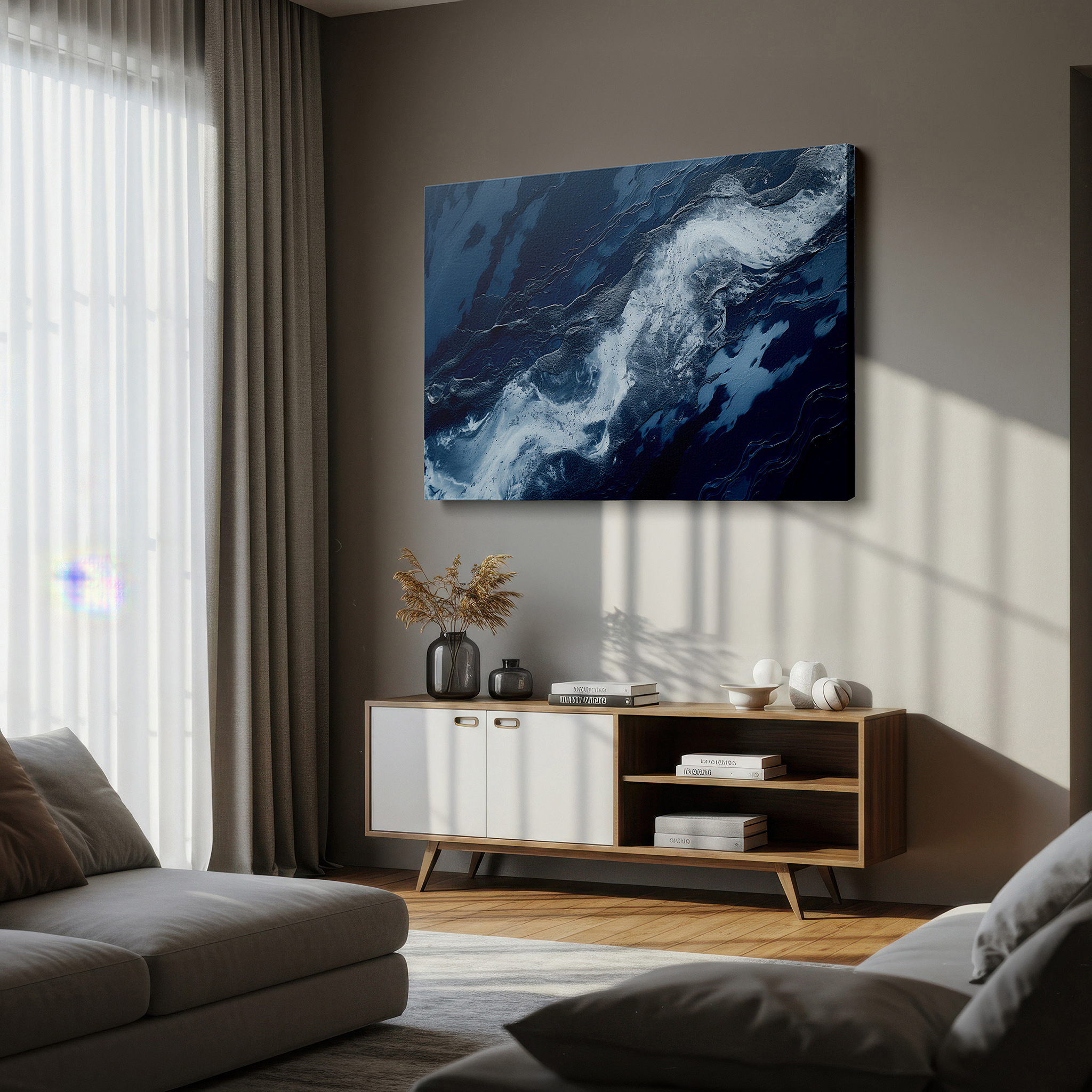 Featured in a dining room with dark wood furniture and candlelight — swirling ocean currents and serene blues aerial dance large wall art, canvas wall decor for office, bedroom, and living room