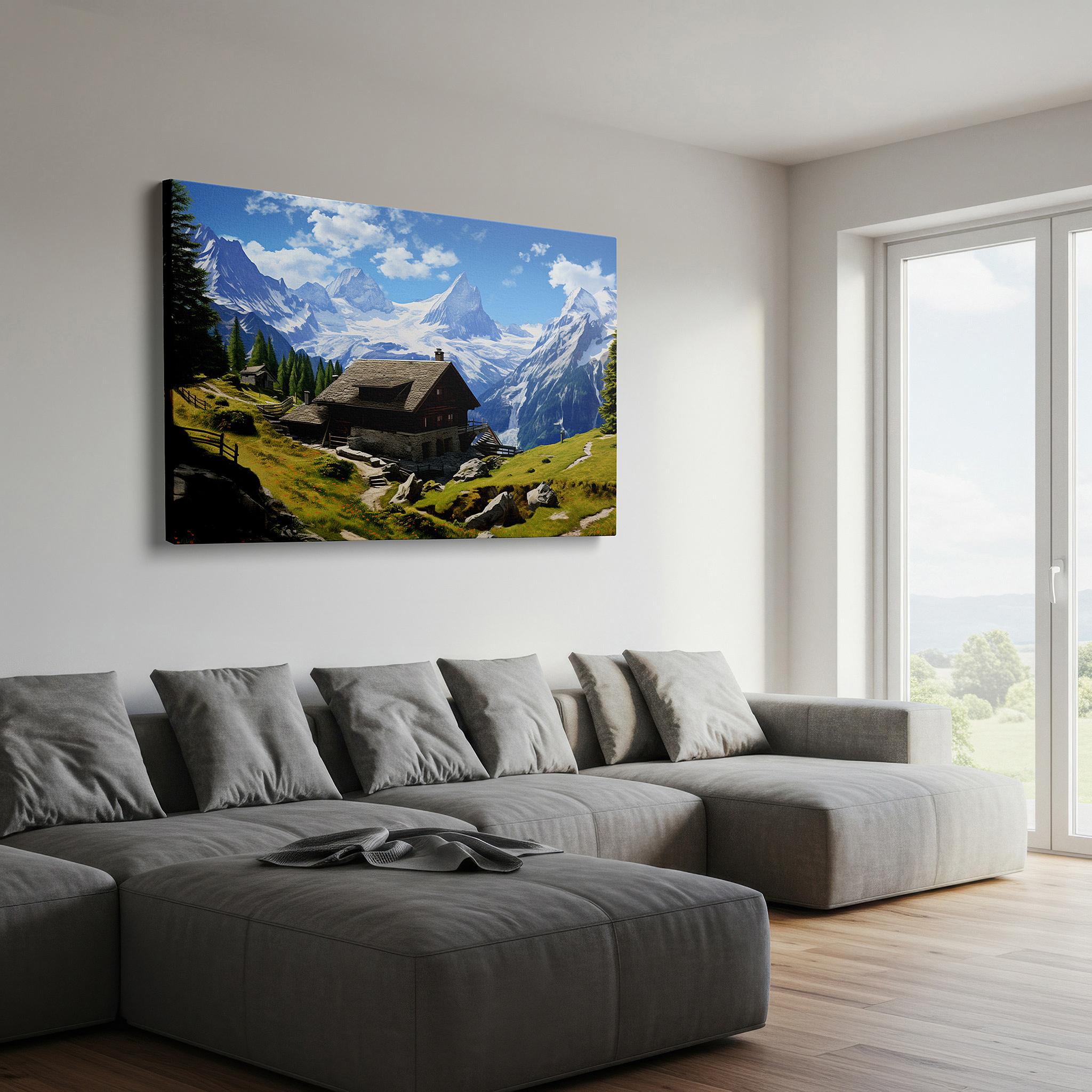 Featured in a dining room with dark wood furniture and candlelight — swiss alps serene retreat: rustic cabin surrounded by verdant hills and snowy peaks - large wall art, canvas, office decor