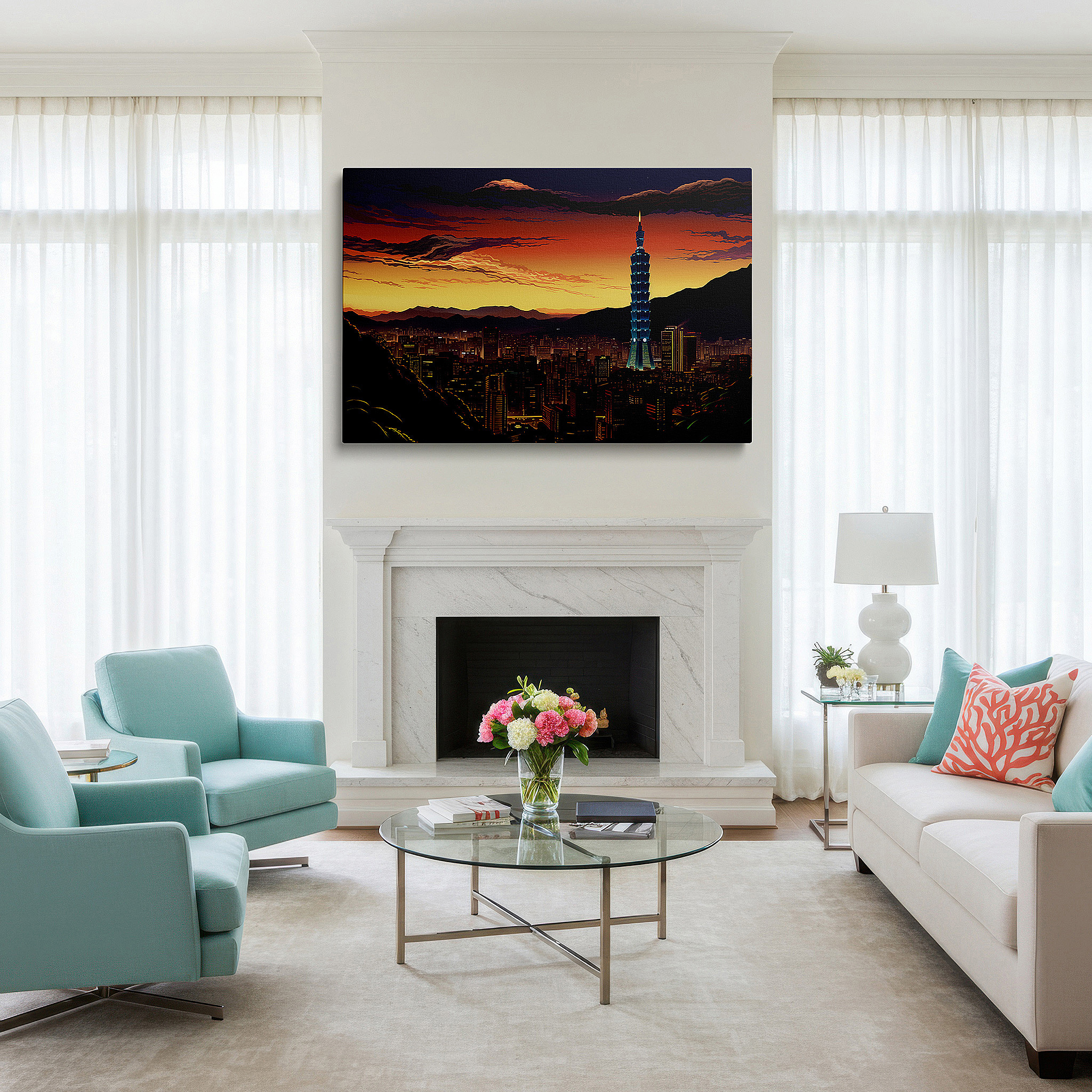 Featured in a dining room with dark wood furniture and candlelight — taipei 101 against twilight skies - blending city vibrance with peaceful nature large wall art, canvas wall art, wall decor, office wall art, bedroom art