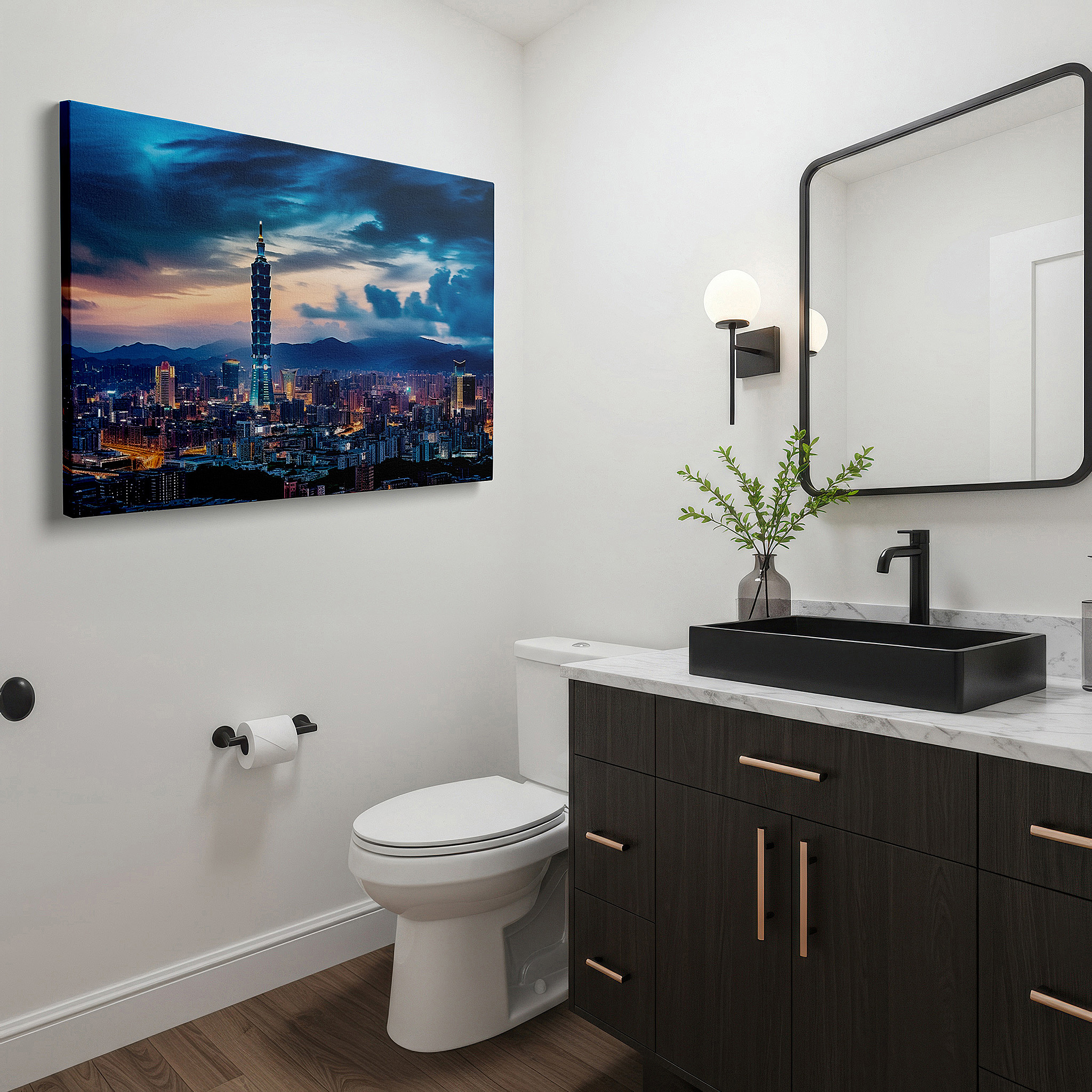 Featured in a dining room with dark wood furniture and candlelight — taipei 101 tower lit up: a dazzling gem in the evening cityscape - large wall art, canvas wall art, wall decor for office and bedroom