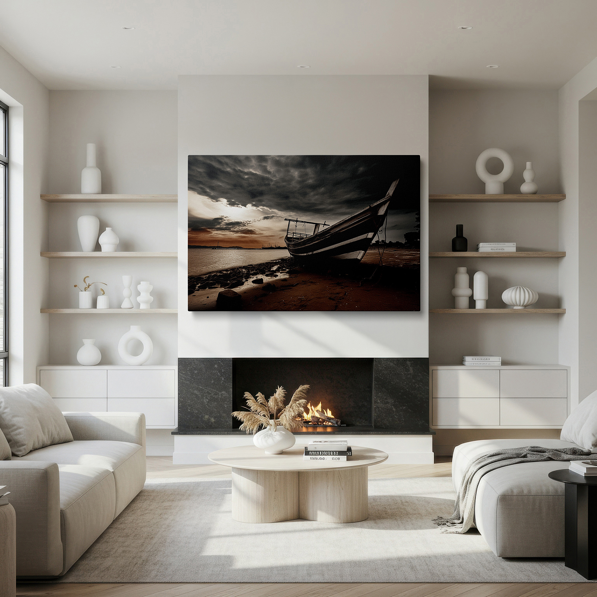 Featured in a dining room with dark wood furniture and candlelight — timeless solitude: black and white fishing boat canvas, large wall art for home and office decor