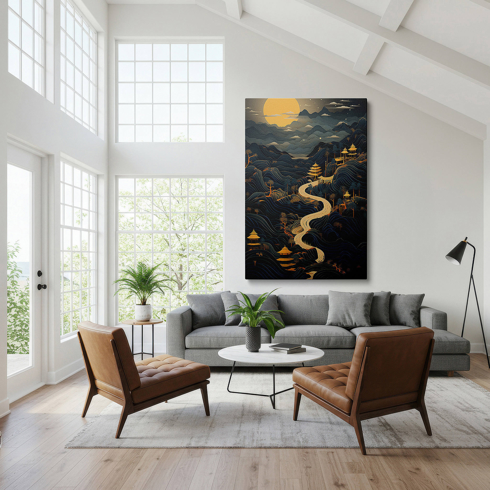 Featured in a dining room with dark wood furniture and candlelight — tranquil mountain landscape featuring classic pagodas beneath a full moon's soft light - large canvas wall art for home and office decor