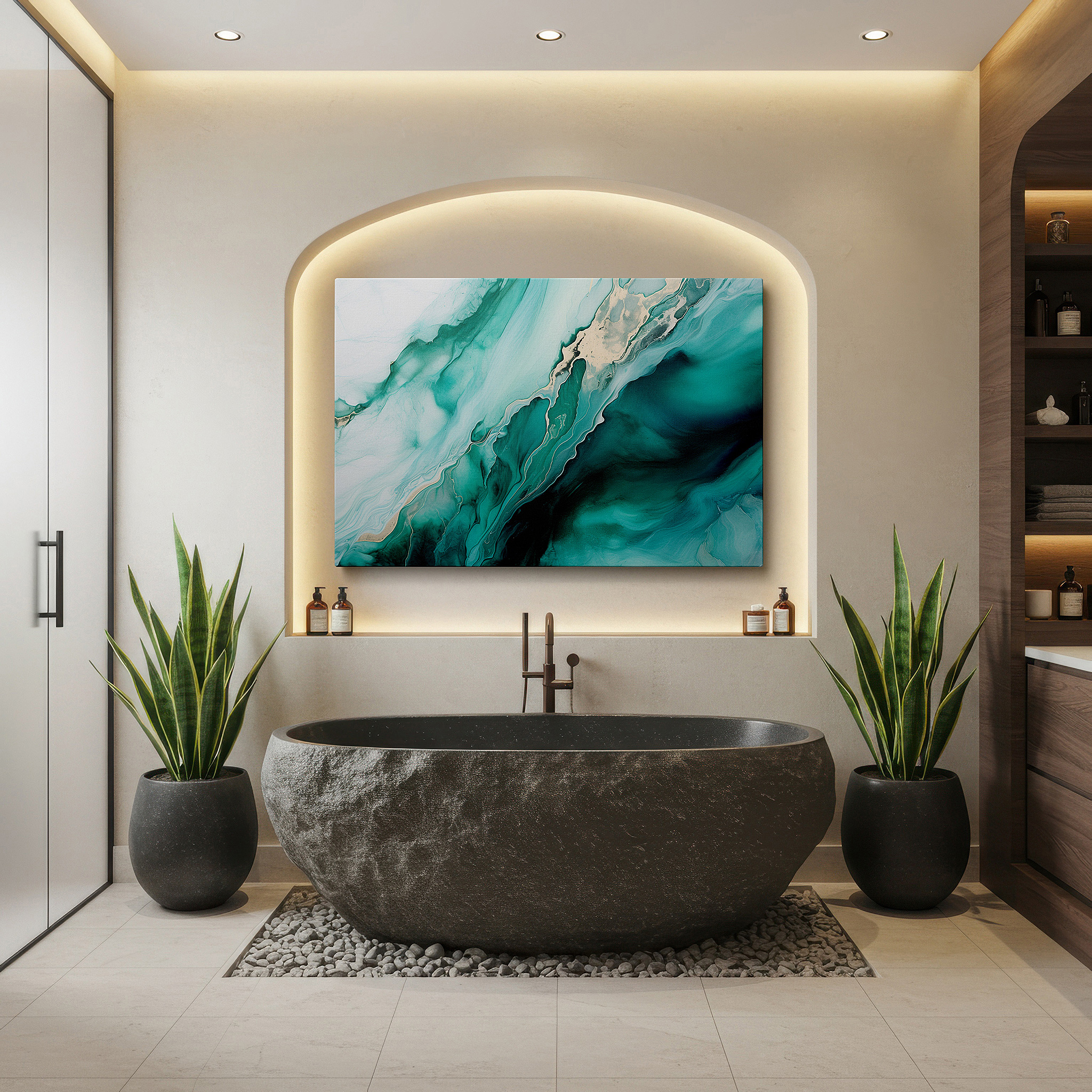 Featured in a dining room with dark wood furniture and candlelight — tranquil turquoise waves and golden light abstract masterpiece - large canvas wall art for office and bedroom decor