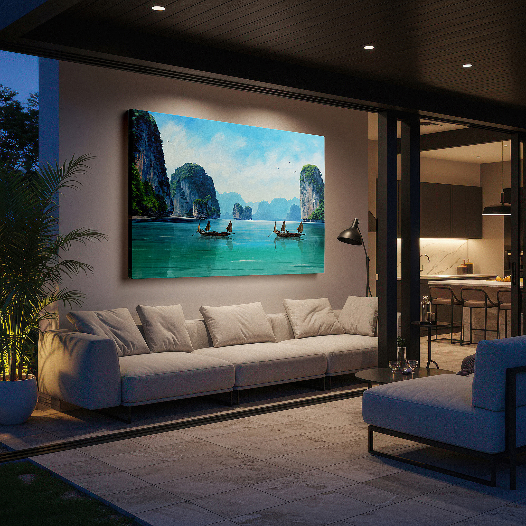 Featured in a dining room with dark wood furniture and candlelight — tropical serenity wall art featuring vibrant boats and pristine sands, large canvas for home and office decor