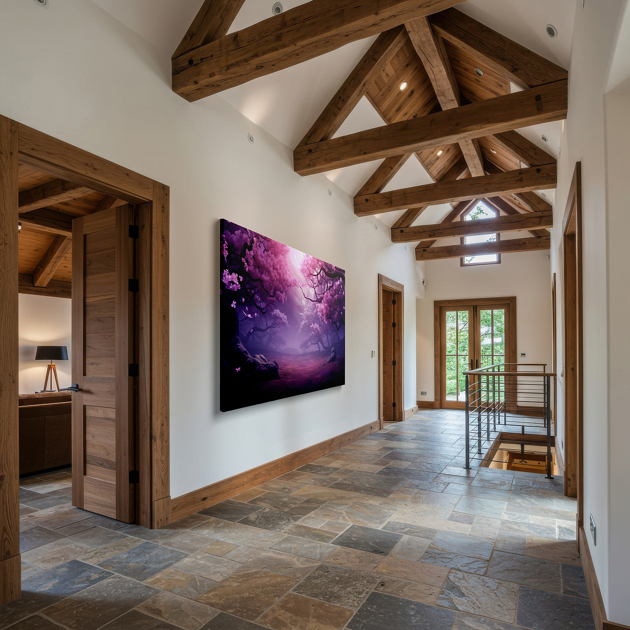 Featured in a dining room with dark wood furniture and candlelight — twilight enchanted cherry blossom forest, ethereal luminous large wall art, canvas wall decor for office and bedroom