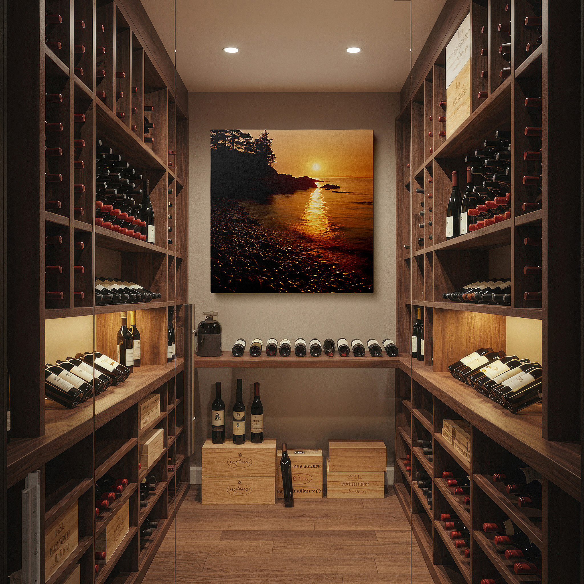 Featured in a dining room with dark wood furniture and candlelight — twilight's last gleam over tranquil waters and rugged shores: large canvas wall art for office, bedroom, and living room decor