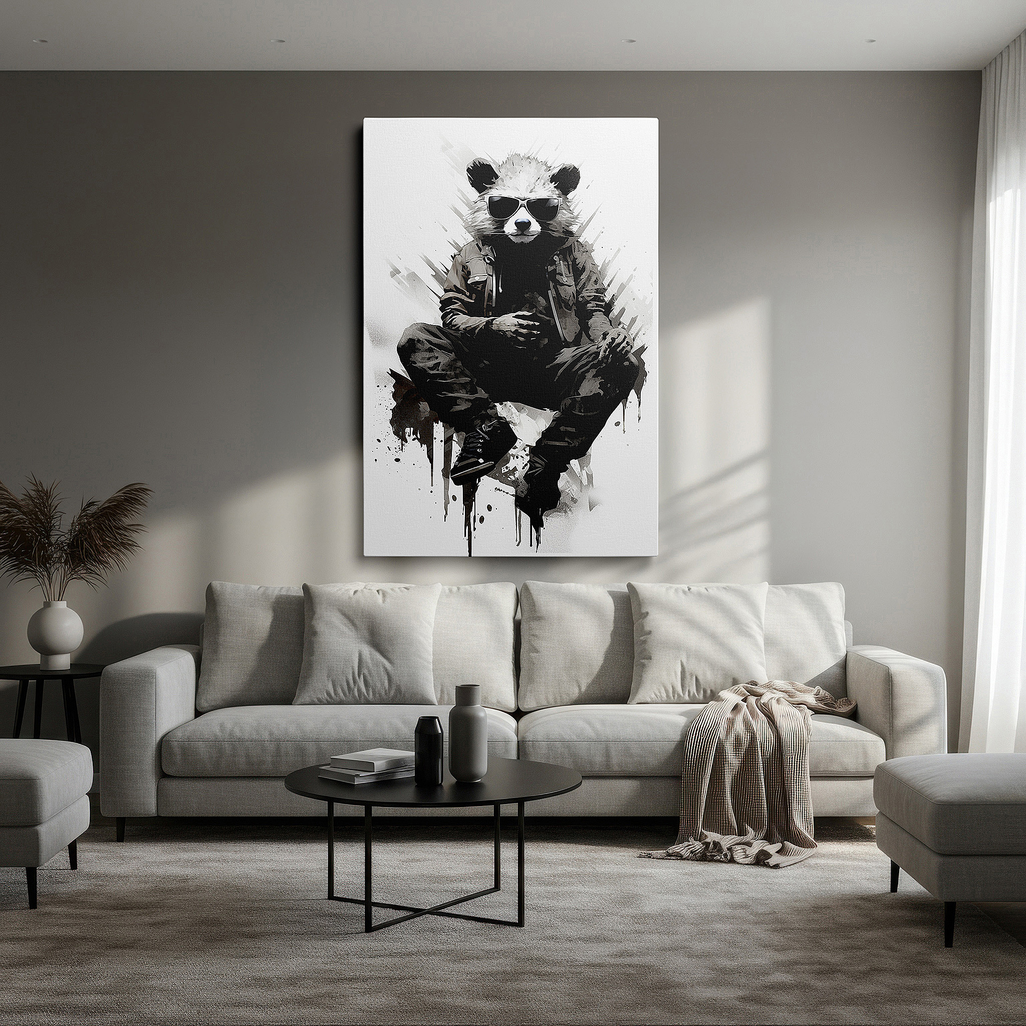 Featured in a dining room with dark wood furniture and candlelight — urban-chic panda wall art: blending nature and culture in trendy attire - perfect for office, bedroom, and living room decor
