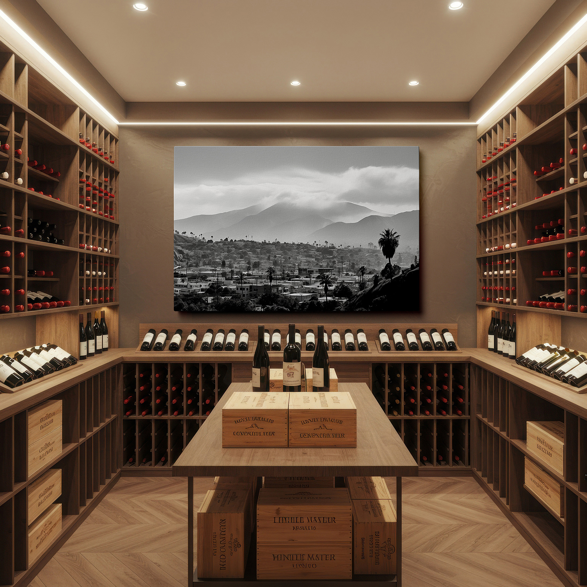 Featured in a dining room with dark wood furniture and candlelight — urban serenity and majestic mountains combine in a monochromatic masterpiece: large wall art, canvas wall art, wall decor for offices and bedrooms