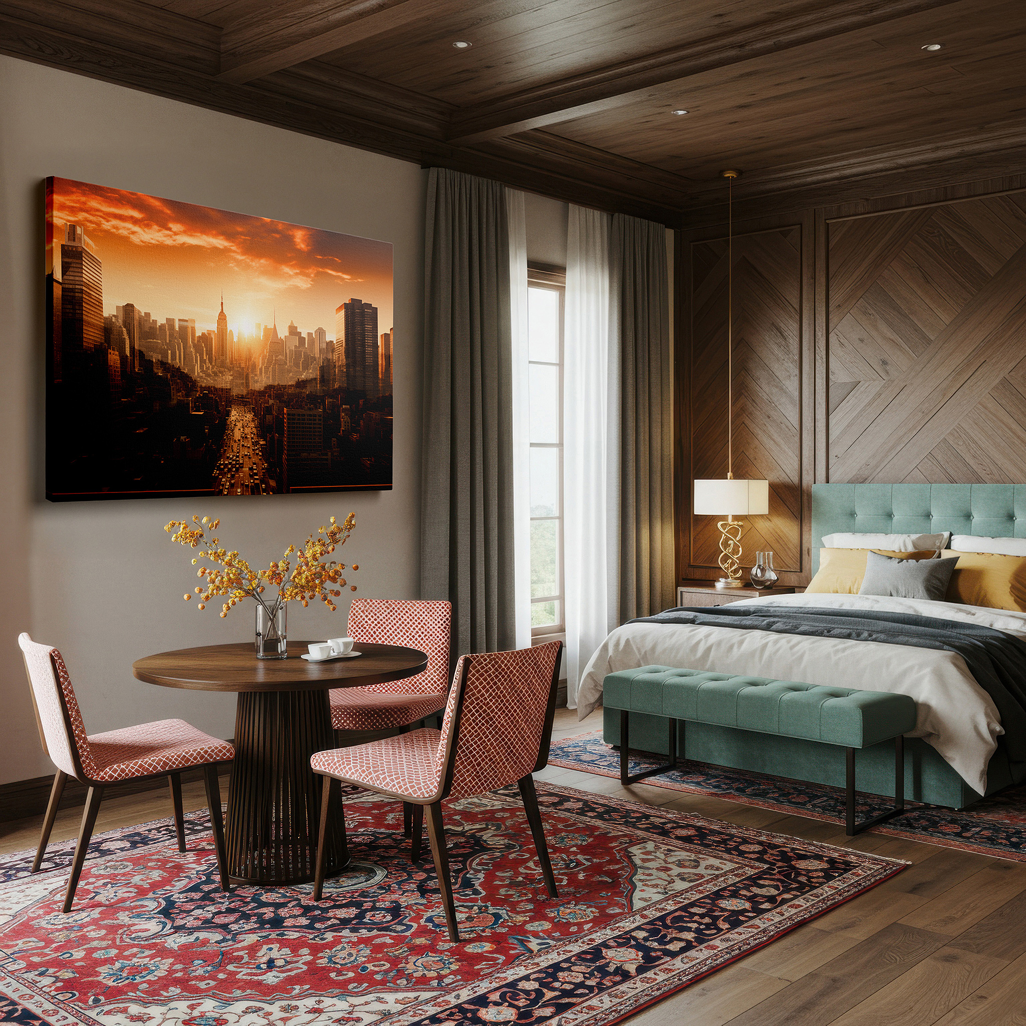 Featured in a dining room with dark wood furniture and candlelight — urban sunset cityscape: vibrant metropolis at dusk - large canvas wall art for office, bedroom, and living room decor