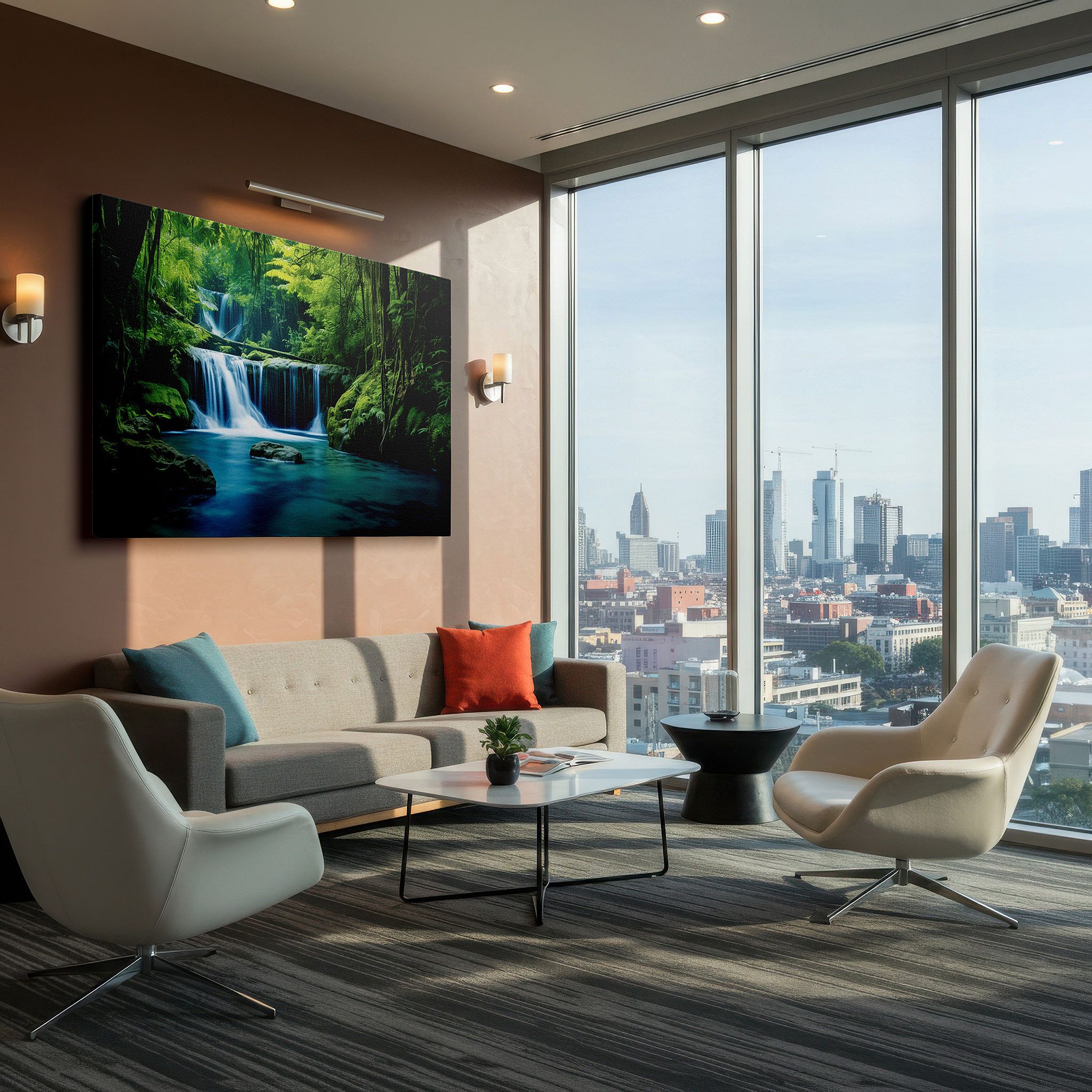 Featured in a dining room with dark wood furniture and candlelight — verdant forest sanctuary canvas wall art featuring cascading waterfalls and tranquil pool, ideal for office and bedroom decor