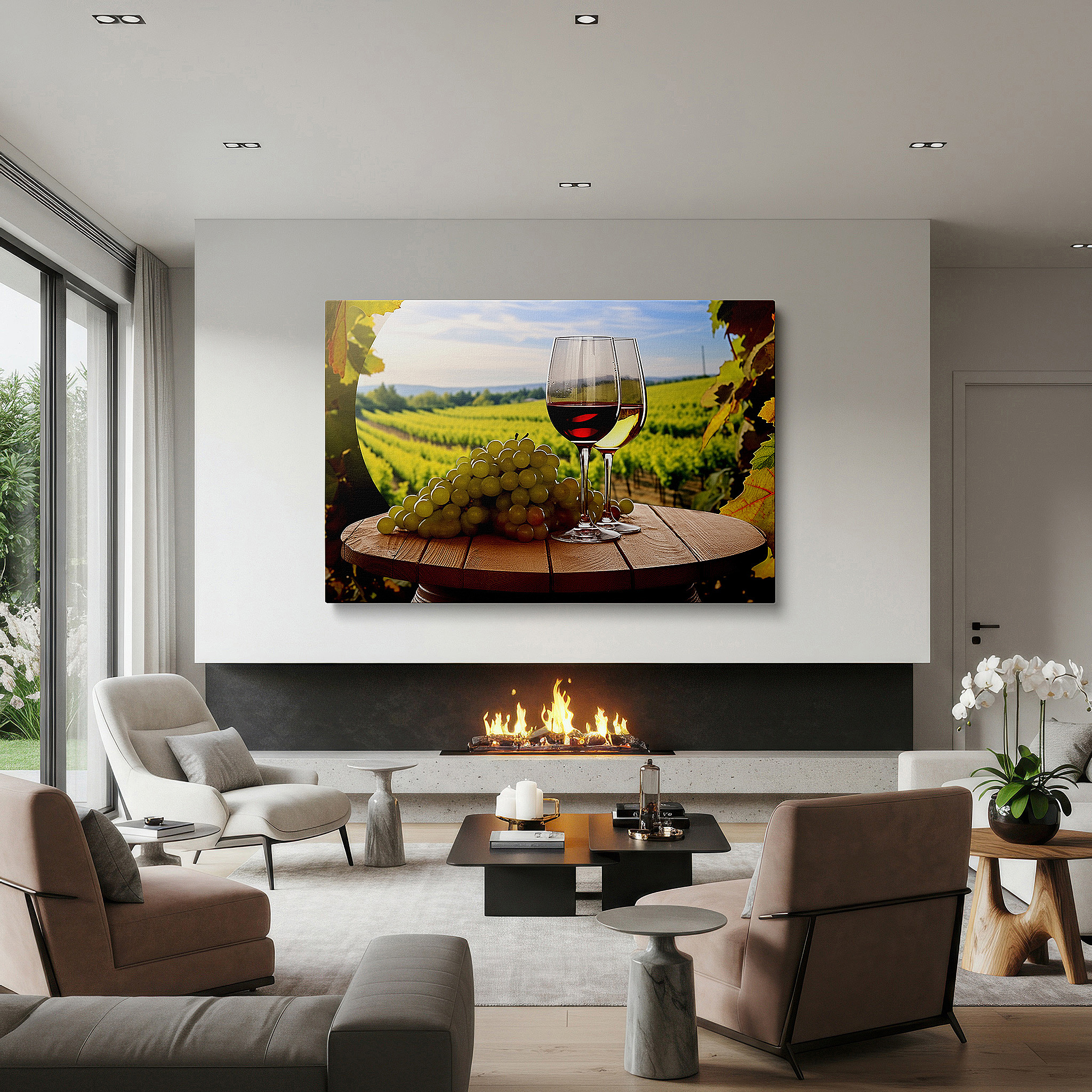 Featured in a dining room with dark wood furniture and candlelight — vineyard serenity wall art: celebrate winemaking with this sunlit retreat-themed large canvas, perfect for office or bedroom decor.
