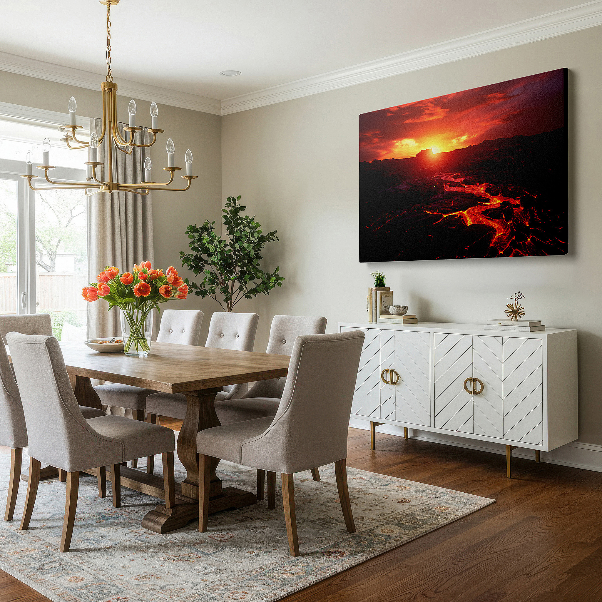 Featured in a dining room with dark wood furniture and candlelight — volcanic rage beneath a sunset sky - a striking contrast of light and darkness large wall art, canvas wall art, wall decor, office wall art