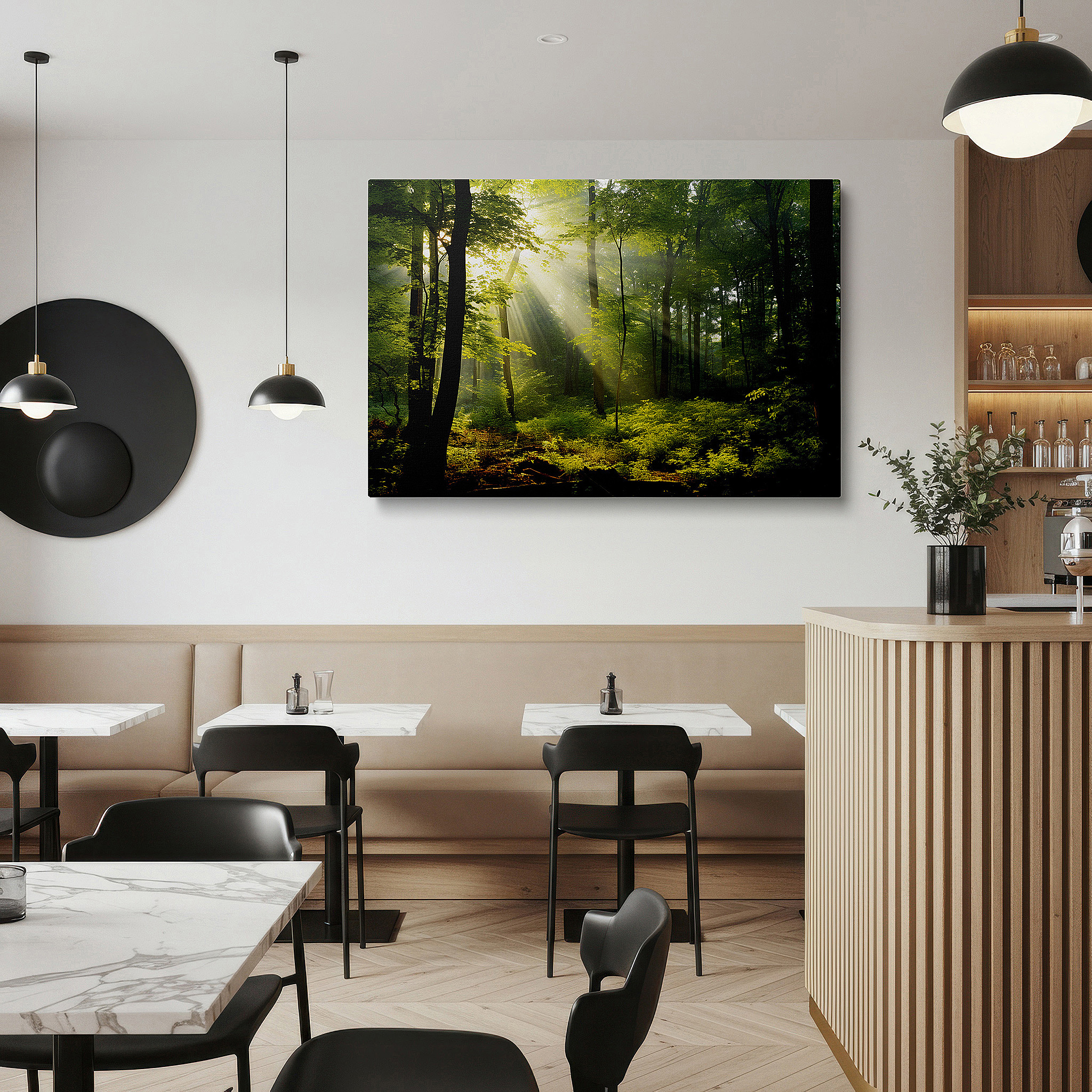 Featured in a dining room with dark wood furniture and candlelight — wall art: enchanted forest daylight canopy - sunlight dancing through lush greens, tranquil woodland escape - large canvas wall art for office decor