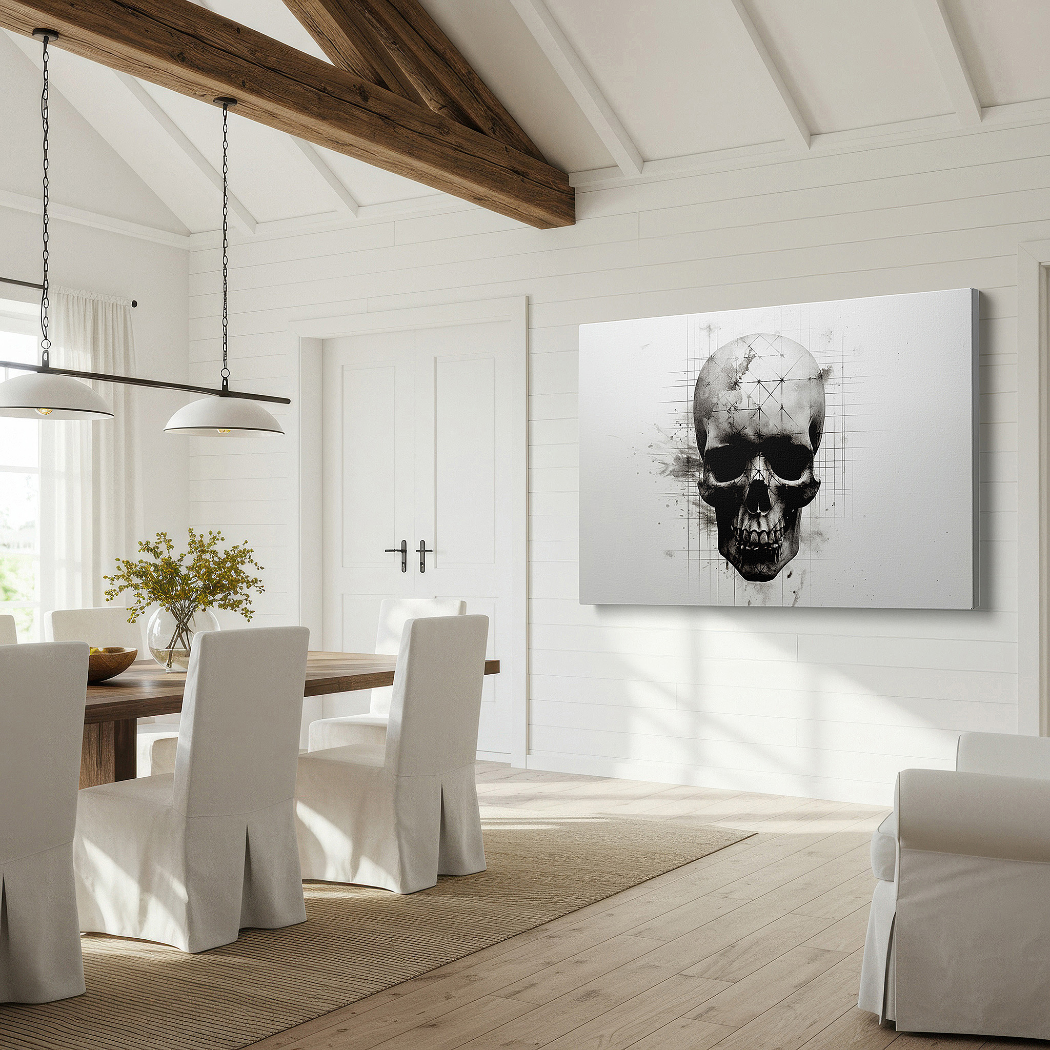 Featured in a dining room with dark wood furniture and candlelight — wall art: explore the essence of existence with a geometric skull design - large canvas art for home and office decor, ideal for living rooms and bedrooms