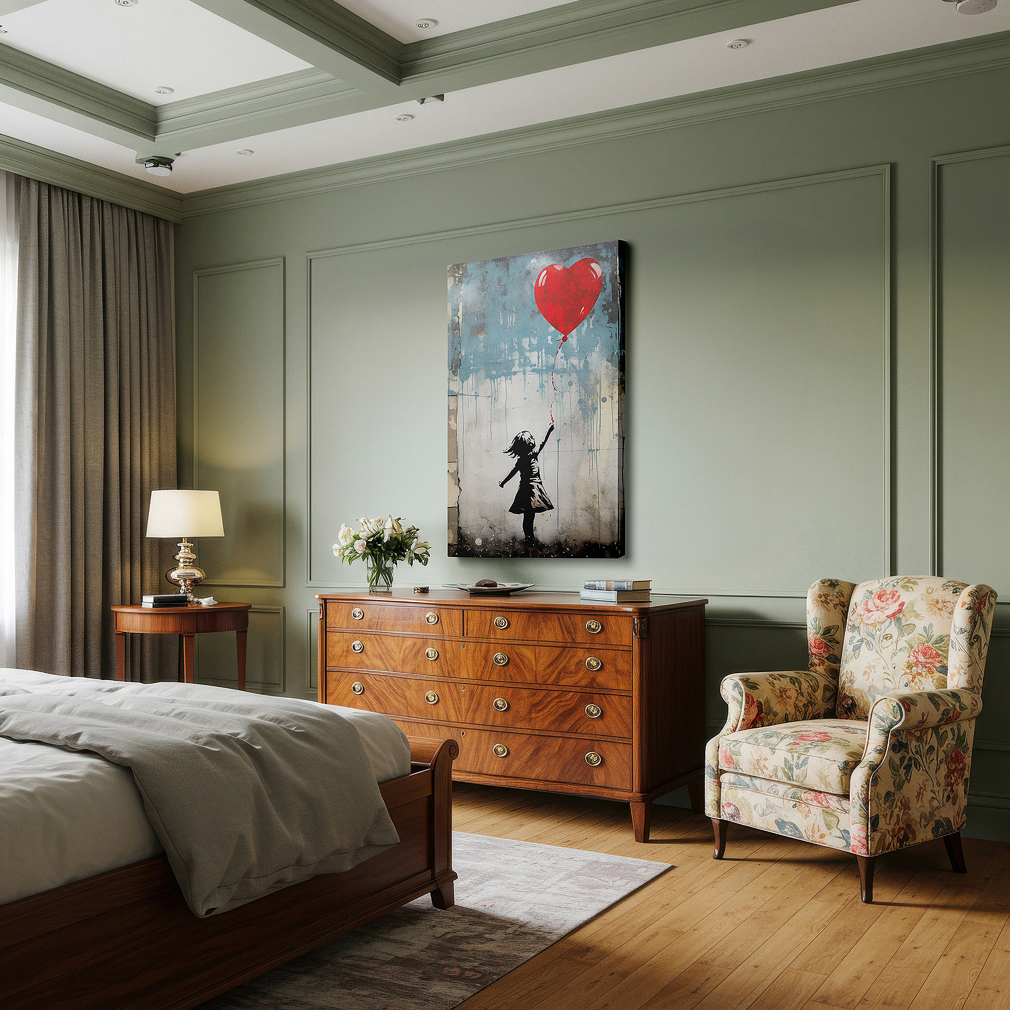 Featured in a dining room with dark wood furniture and candlelight — wall art: "girl with the heart-shaped balloon" - emblem of hope and dreams amidst urban life. large canvas art for home and office decor, perfect for living room and bedroom