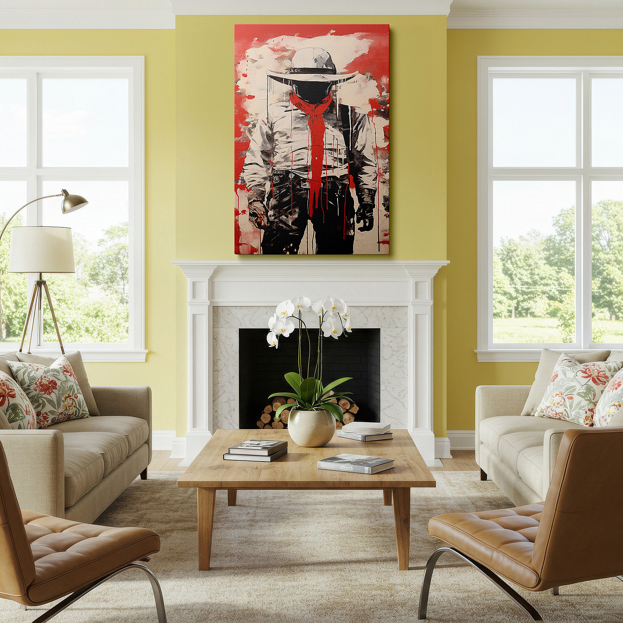 Featured in a dining room with dark wood furniture and candlelight — wall art: modern cowboy silhouette in red and black - embrace the wild west mystique with this large canvas wall art for home or office decor.