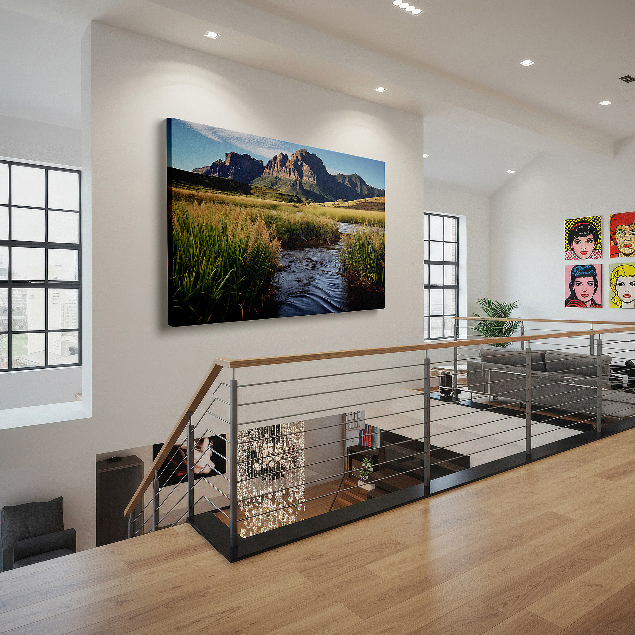 Featured in a dining room with dark wood furniture and candlelight — wall art: serene riverscape featuring grand mountains and verdant grasslands - large canvas wall art for office and bedroom decor
