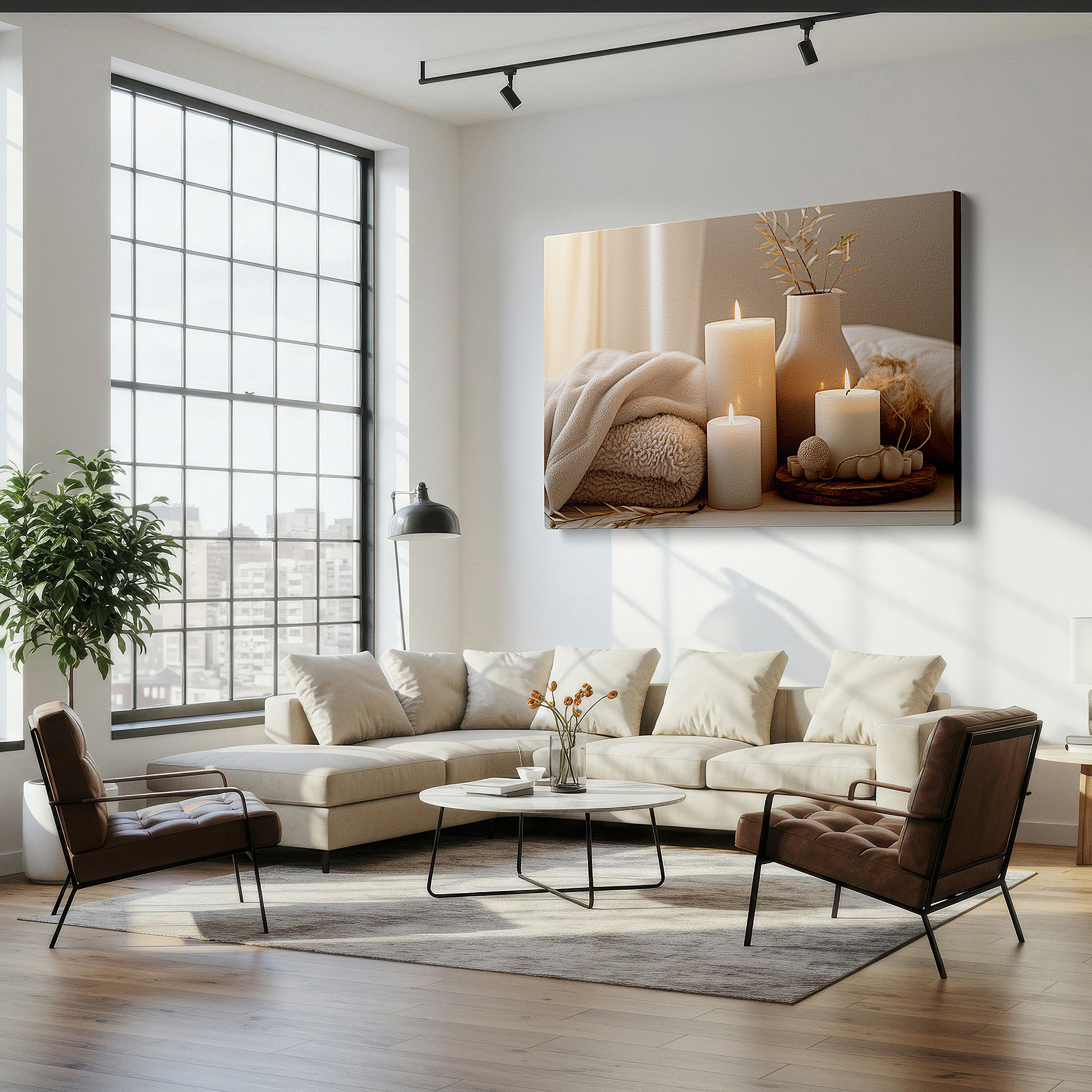 Featured in a dining room with dark wood furniture and candlelight — wall decor: peaceful indoor scene with soft lighting from candles and comfortable fabrics for a calm escape - large canvas art, decorative wall art, office and bedroom wall art