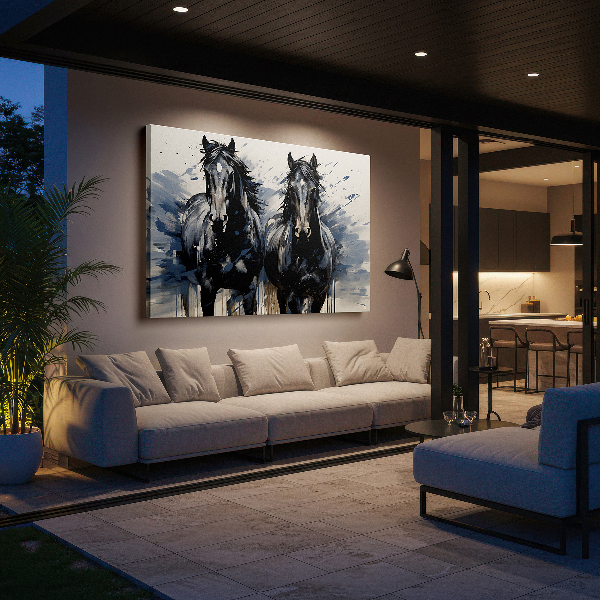 Framed by abstract decor and natural-toned accessories — black horses in motion: celebrating power and grace - large canvas wall art for office and bedroom decor