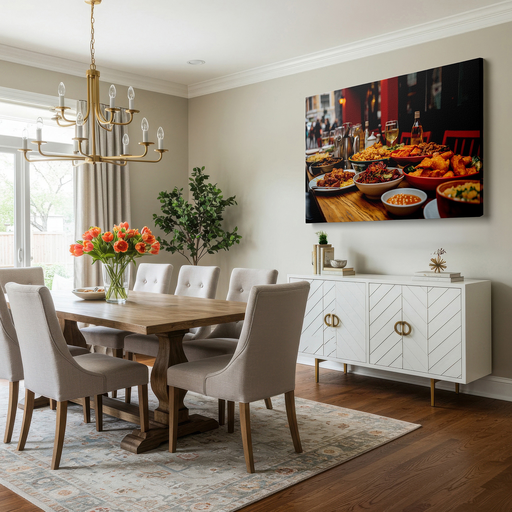 Framed by abstract decor and natural-toned accessories — a celebration of chinese cuisine: dynamic and engaging dining atmosphere with large wall art, canvas pieces, and decor for offices and bedrooms