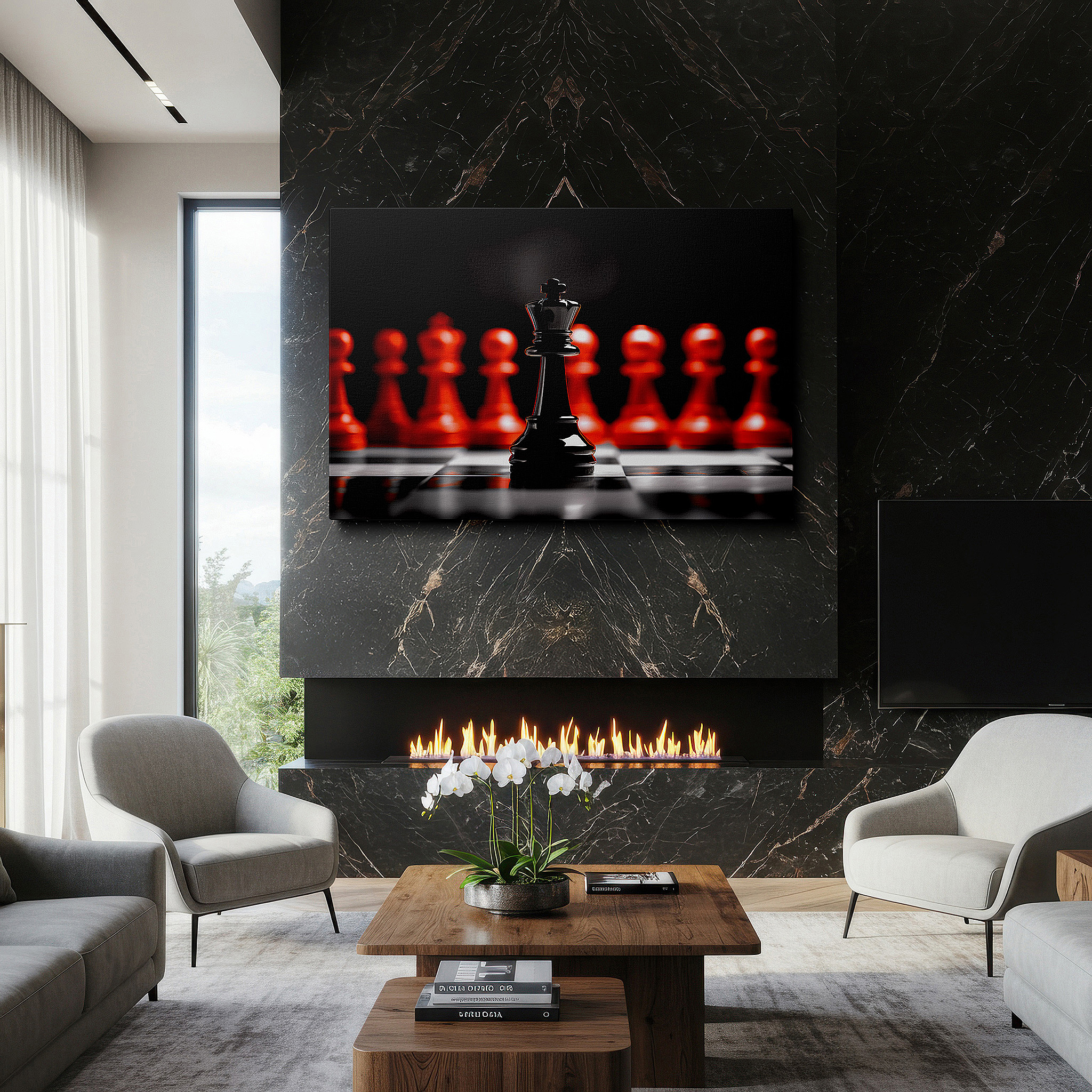 Framed by abstract decor and natural-toned accessories — chess strategy and intellectual mastery wall art featuring a majestic black king and advancing red pawns, large canvas wall art