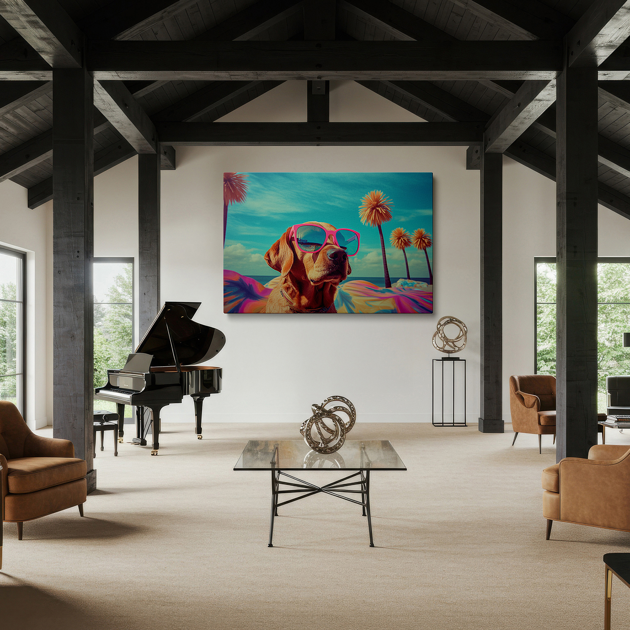 Framed by abstract decor and natural-toned accessories — chic dog in pink sunglasses beach-themed large wall art, canvas decor for office, bedroom, and living room