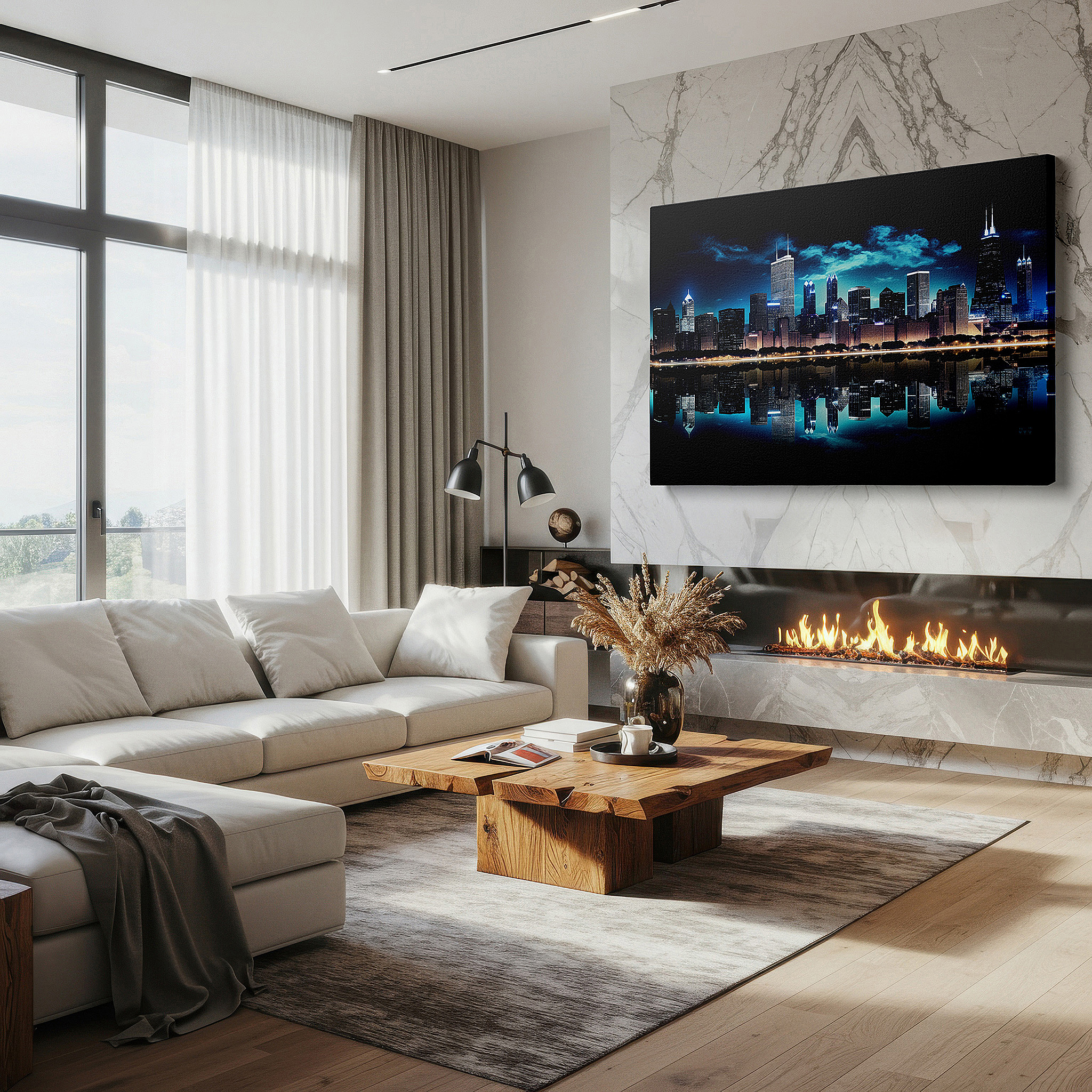 Framed by abstract decor and natural-toned accessories — chicago skyline wall art: urban elegance and architectural beauty, large canvas for office or bedroom decor