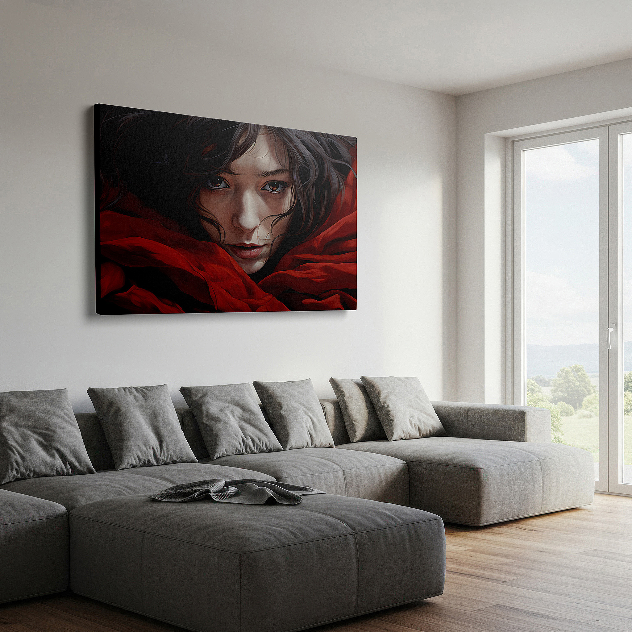 Framed by abstract decor and natural-toned accessories — contemplation in red: a serene portrait draped in luxurious fabric, encouraging profound reflection - large wall art, canvas wall art, wall decor