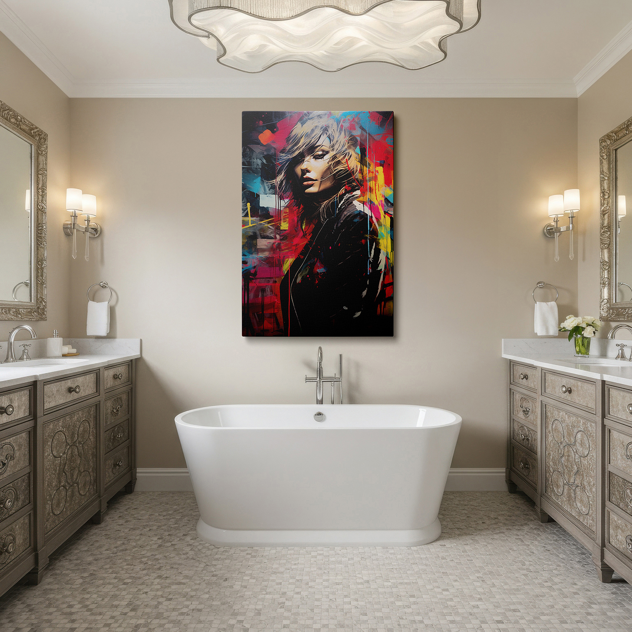 Framed by abstract decor and natural-toned accessories — contemporary female in city turmoil, vibrant and emotional large wall art, canvas wall art, wall decor for office and bedroom