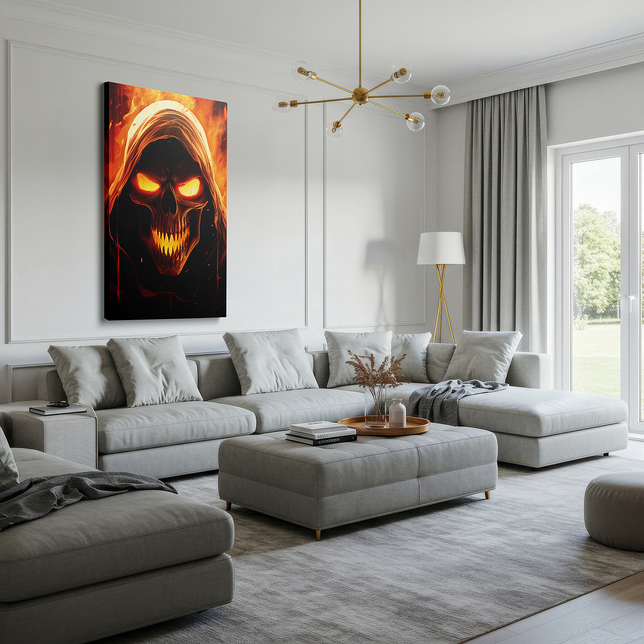 Framed by abstract decor and natural-toned accessories — dance of death and passion in flames wall art, large canvas decor for office, bedroom, and living room