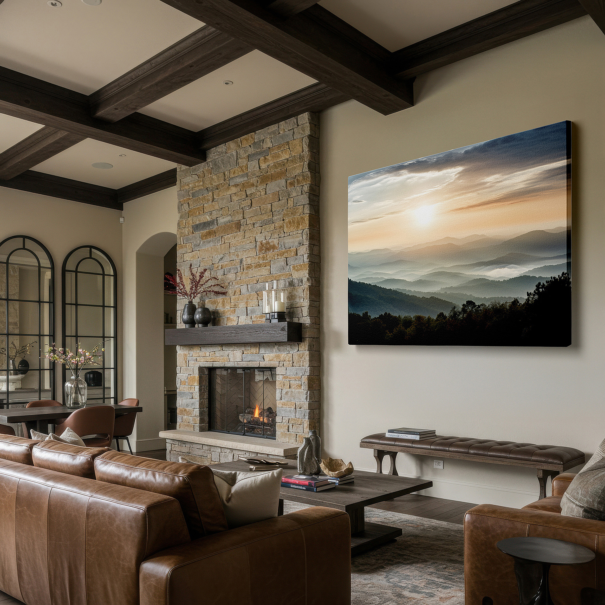 Framed by abstract decor and natural-toned accessories — dawn's gentle embrace: serene landscape with misty valleys and rolling hills - large canvas wall art for office and bedroom decor
