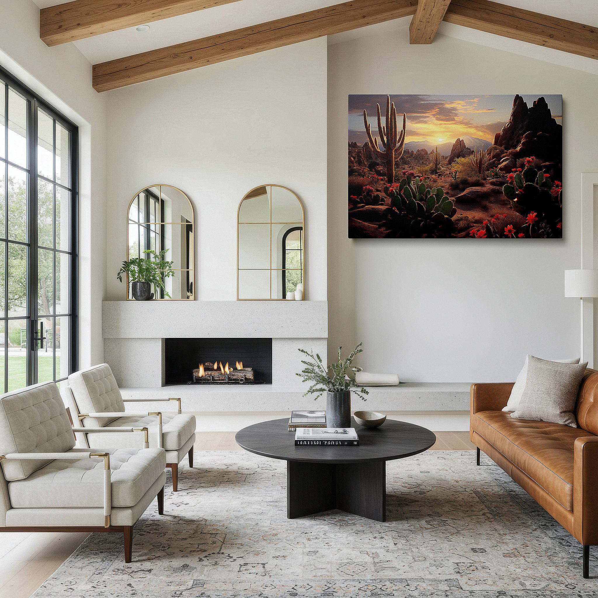 Framed by abstract decor and natural-toned accessories — desert mountain sunset with bright flowers, large canvas wall art for office decor