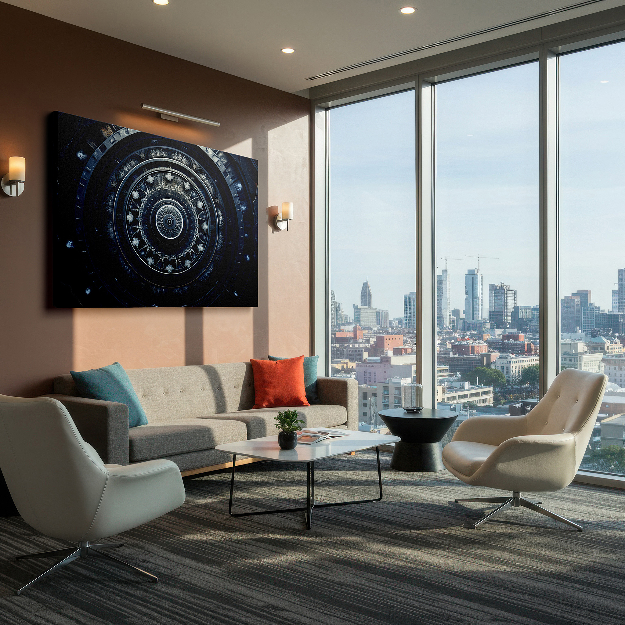 Framed by abstract decor and natural-toned accessories — elegant circular design with metallic highlights: large canvas wall art for office and bedroom decor