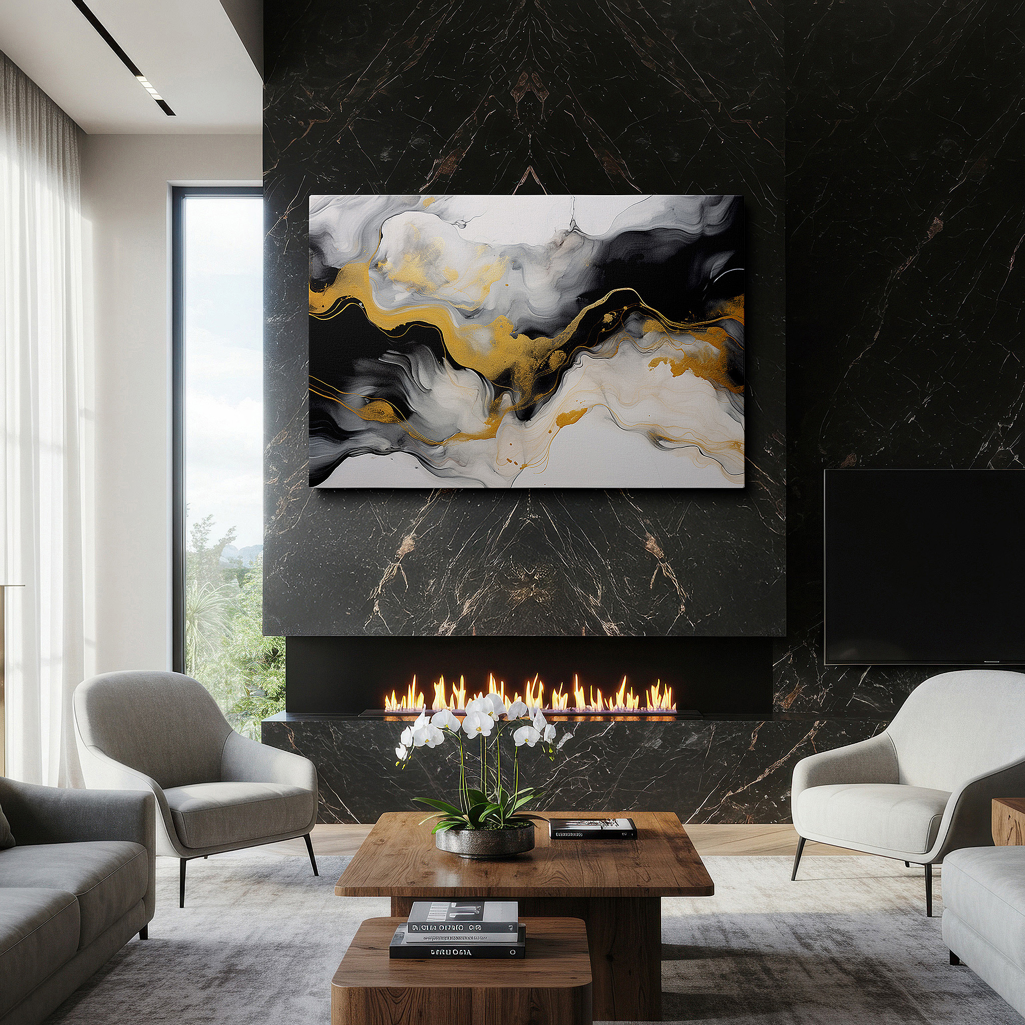 Framed by abstract decor and natural-toned accessories — elegant fusion of rich blacks and luminous golds in abstract motion, large wall art, canvas wall art, wall decor for office and bedroom