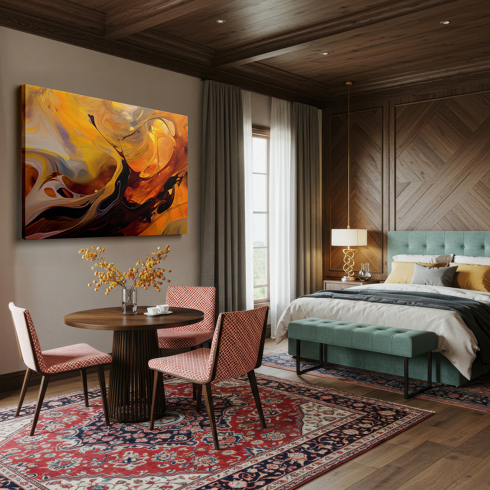 Framed by abstract decor and natural-toned accessories — elegant gold and brown swirls create a cozy, textured visual experience large wall art, canvas wall art, wall decor, office wall art, bedroom wall art