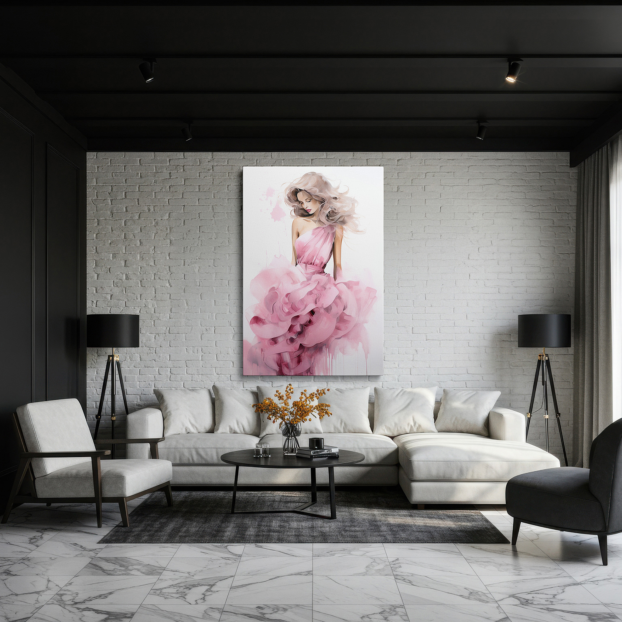 Framed by abstract decor and natural-toned accessories — enchanting muse in pink: celebrating femininity and modern fashion with abstract expressionist large canvas wall art decor