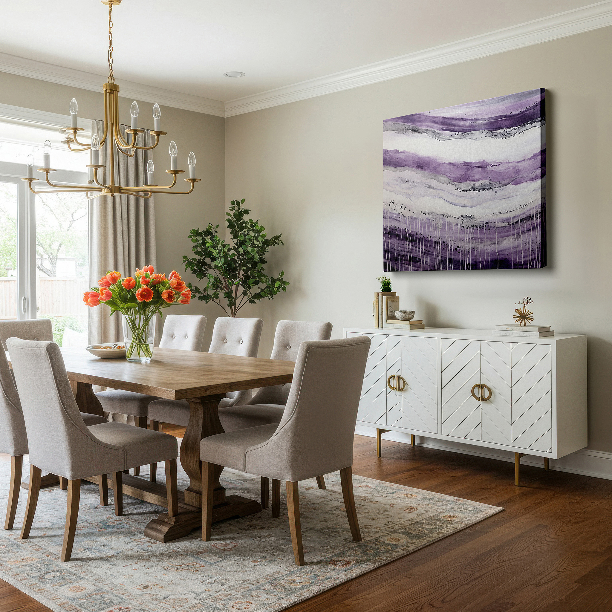 Framed by abstract decor and natural-toned accessories — explore a visual adventure in purple shades and vibrant textures: large wall art, canvas wall art, wall decor for offices, bedrooms, and living rooms